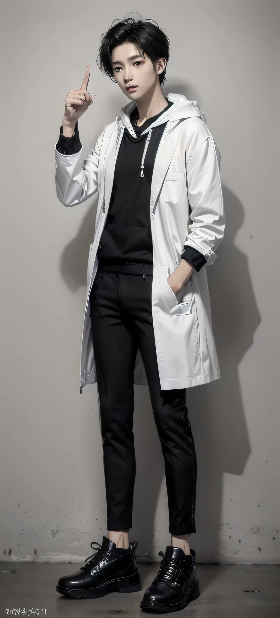 young asian man, Japanese idol style, short clean-cut hair,((fist hands)) , ((center part)), (crisp white lab coat:1.3), ((black hoodie underneath:1.7)), (black pants:1.7), (black shoes:1.7), calm confident expression, (holding a product in right hand:1.3), (pointing with left index finger:1.3), explaining pose, plain white background, mid-shot portrait, full body view, high quality, detailed, 8K, (realistic skin texture:1.2), (sharp focus:1.1), (contrast between white coat and black clothing:1.2)