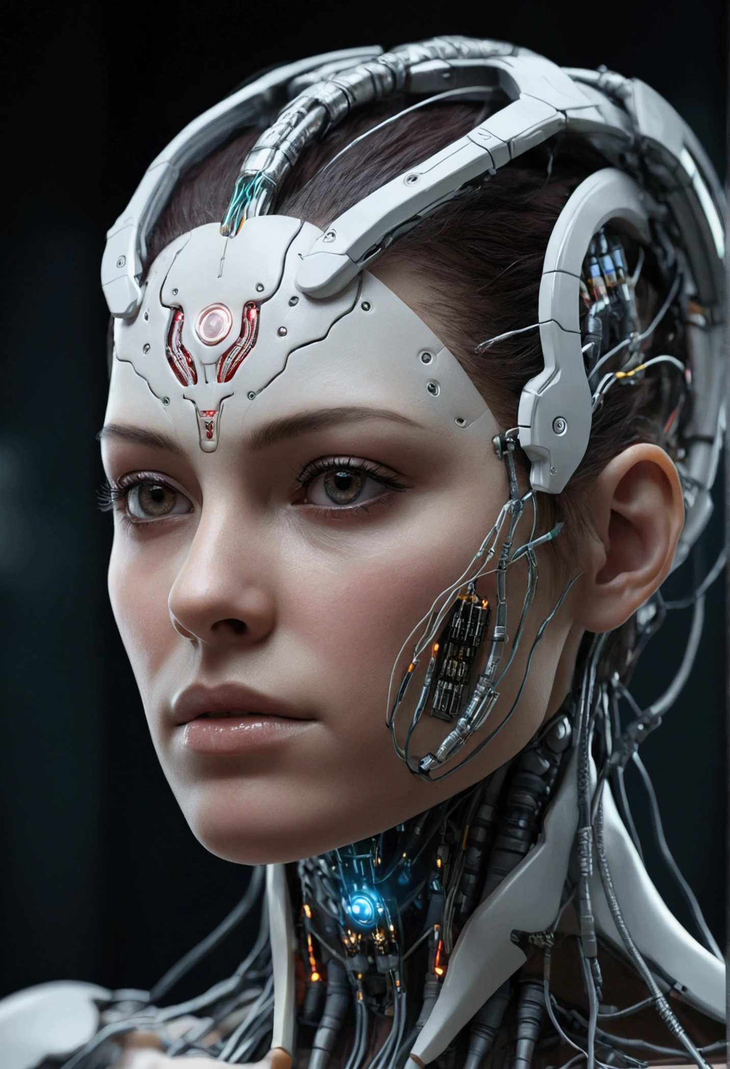Electronic Systems On-Head Humanoids |Cyborg Woman| With a detailed brain that you can see| With a delicate heart that can be seen| Muscle Detail Wire | Realistic Skin| Biopunk| Cybernetics | Cyberpunk | Canon M50| 100mm| Sharp Focus | Gently| Hyperrealism | Very detailed| Intricate Details | Vascular Expression | Telegraph |