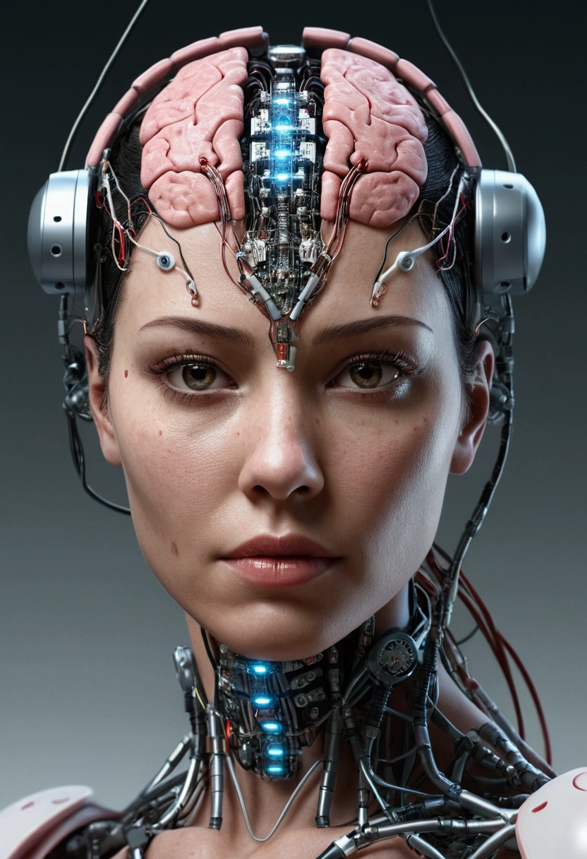 Electronic Systems On-Head Humanoids |Cyborg Woman| With a detailed brain that you can see| With a delicate heart that can be seen| Muscle Detail Wire | Realistic Skin| Biopunk| Cybernetics | Cyberpunk | Canon M50| 100mm| Sharp Focus | Gently| Hyperrealism | Very detailed| Intricate Details | Vascular Expression | Telegraph |