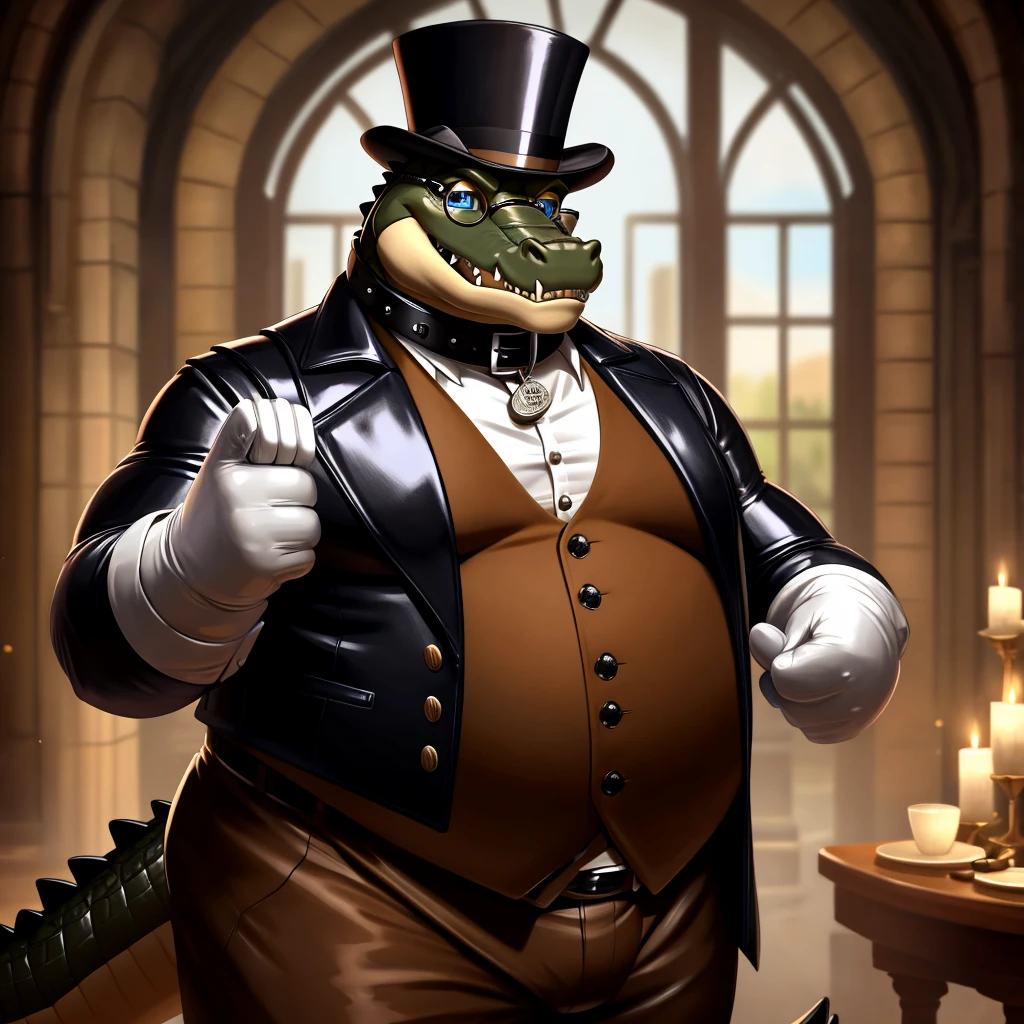 Solo, Male, fat, extremely obese, gentleman, dapper Professor Crocodile, blue eyes, (posing:1.3), (soft shading), 4k, hi res, ((detailed face, detailed)), looking at viewer, mouth wide open, steampunk, collared shirt with buttons, top hat, male focus, Explorer Outfit, glasses, monocle, vest with buttons, sleeves rolled up, round eyewear, brown headwear, brown vest, Crocodile is wearing a glossy leather dog collar around the neck, Crocodile is wearing the leather collar and shirt and vest at the same time, Crocodile is wearing glossy white rubber gloves on the hands, wearing white rubber gloves on the feet, gloves are rubber in texture, clenching teeth, clenching fists, leather collar is glossy and shiny with a lot of detail, Crocodile is wearing gloves and leather collar at the same time, leather collar has a round dog-tag, leather collar is thick and detailed, leather collar is glossy and shiny, fancy clothing, dapper vest, dapper shirt, leather collar is thick.