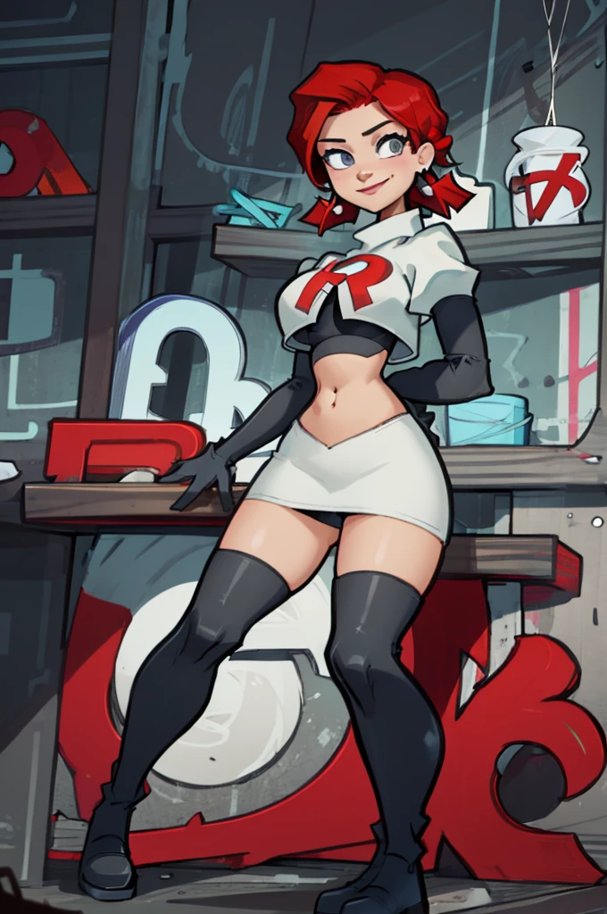 Zoey_Total_Drama, red hair, Team rocket, team rocket uniform, red letter R, white skirt,white crop top,black thigh-high boots, black elbow gloves, evil smile, earrings, large breasts, sexy pose