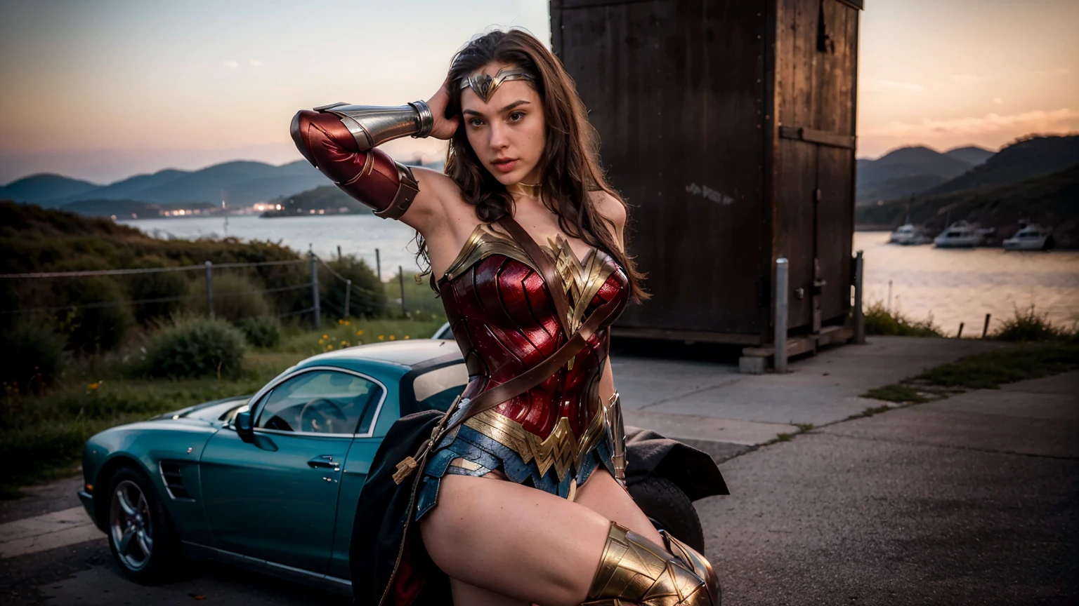 ((masterpiece), (solo character), (photorealistic:1.4), ),(best quality), (epiCRealLife), (g4lg), (g4lg large breasts), (g4lg show cleavages), (Gal Godot in wonder woman costume), (lora:epiCFlashPhoto),(flashphoto), (flash photography) (look at viewers), , (photoshoot), (wonder woman theme), (outdoor), (daytime), (Gal Godot lakeside), (boots)