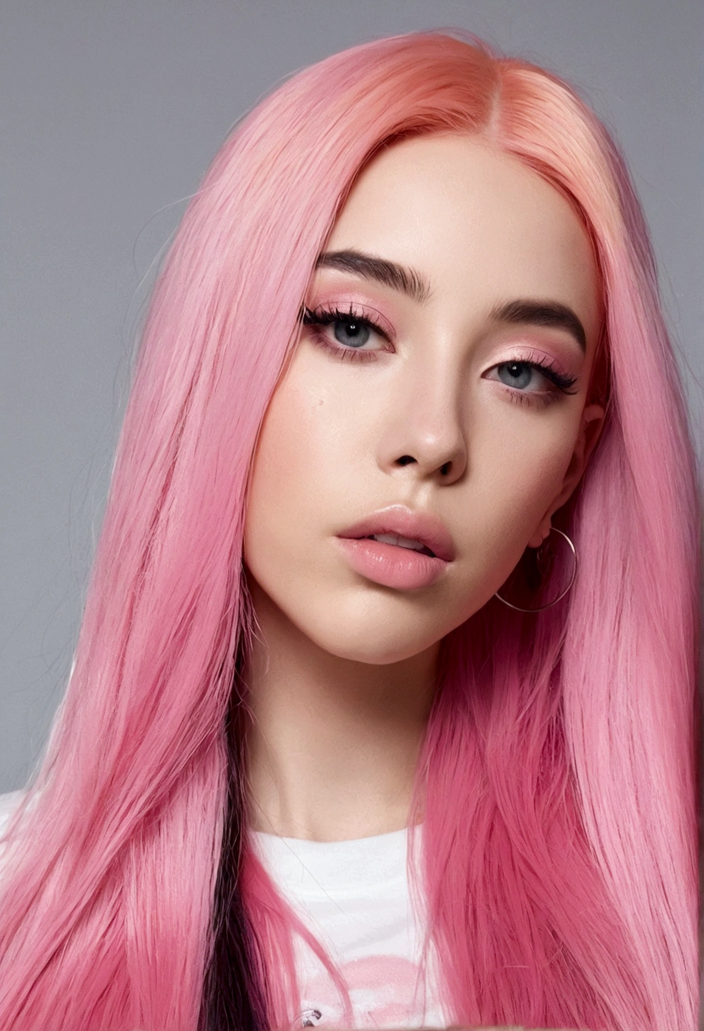 um close up de uma mulher com pink  hair e um top preto, pink  hair, pink straight hair, pink  hair claro, com pink  hair, pink  hair longo, long bubblegum hair, bubblegum hair, pastel pink skin tone, Long flowing pink hair, pink  hair claro longo, pink  hair wispy, pink  hair claro com chamas cor-de-rosa, long hair with pastel colors, ava max, not pajamas 
