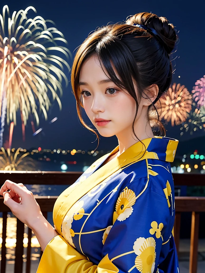 Highest quality, The finer details, (Beautiful single girl))), Highly detailed eyes and face, firework, yukata, looking up at firework, ponytail, Large tear bags, double eyelid