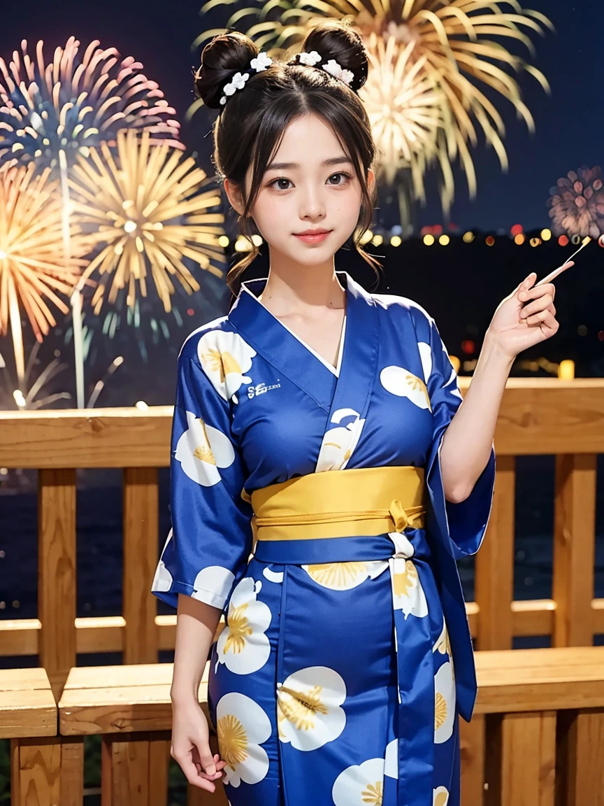 ２Two bun hair。A yukata with a yellow curved pattern on a blue fabric。Fireworks display。