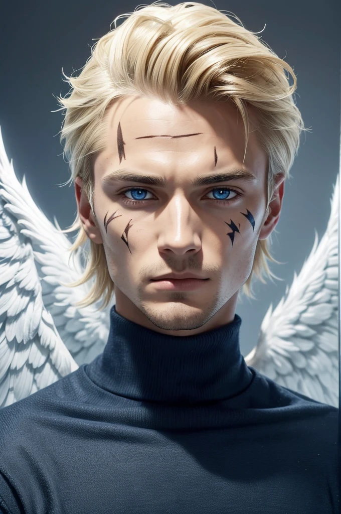 young man with blonde hair combed back. With dark and serious blue eyes, **he has multiple diagonal scars that go from one side of his face to the other as if they were scratches****he has multiple diagonal scars that go from one side of his face to the other as if they were scratches****he has multiple diagonal scars that go from one side of his face to the other as if they were scratches****he has multiple diagonal scars that go from one side of his face to the other as if they were scratches****he has multiple diagonal scars that go from one side of his face to the other as if they were scratches****he has multiple diagonal scars that go from one side of his face to the other as if they were scratches****he has multiple diagonal scars that go from one side of his face to the other as if they were scratches**. The expression on his face is serene and contemplative. He wears a blue turtleneck sweater with long sleeves that cover his hands. Large white wings extend from his back, like those of an angel. musculoso
