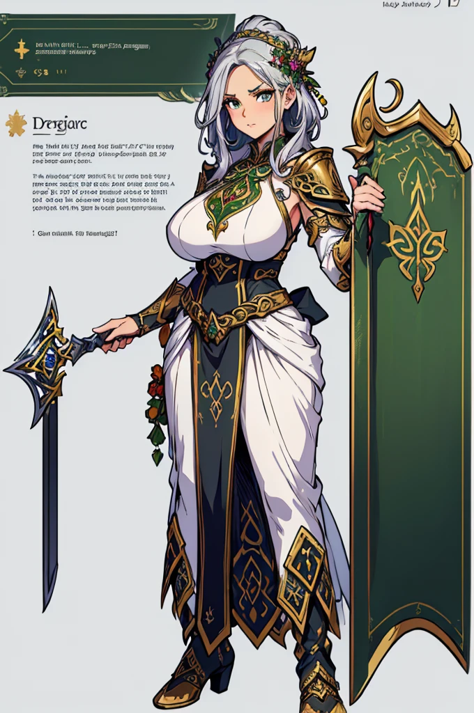 (masterpiece, best quality, high resolution, (huge breasts)) 1 beautiful woman, very short and disheveled silver hair, fantasy looking full body fantasy Celtic soldier costume, druid accessories, druid sword in left hand,(white background,Stickers. Redmond ), ((full body standing)),
