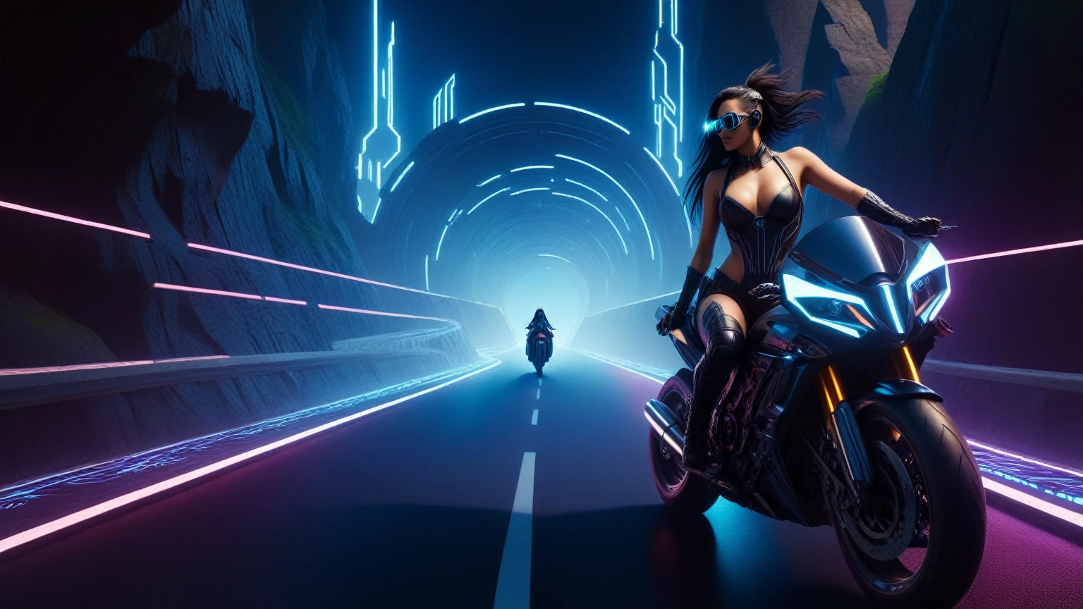 C7b3rp0nkStyle, dark night, prehistoric maze mysterial park, moai statue, waterfall, eagle, cyberpunk, sci-fi, futuristic, tech. (((((1girl, solo, alone, superbiker, close-up superbike shot))))), medium-breast:1.1 slim body, cleavage, sexy clothes, (headphone, black sunglasses, long black realistic hair), (((superbike riding and holding pistol poses))), half-body thigh level medium shot, cinematic lighting, lens flare, ray tracing.