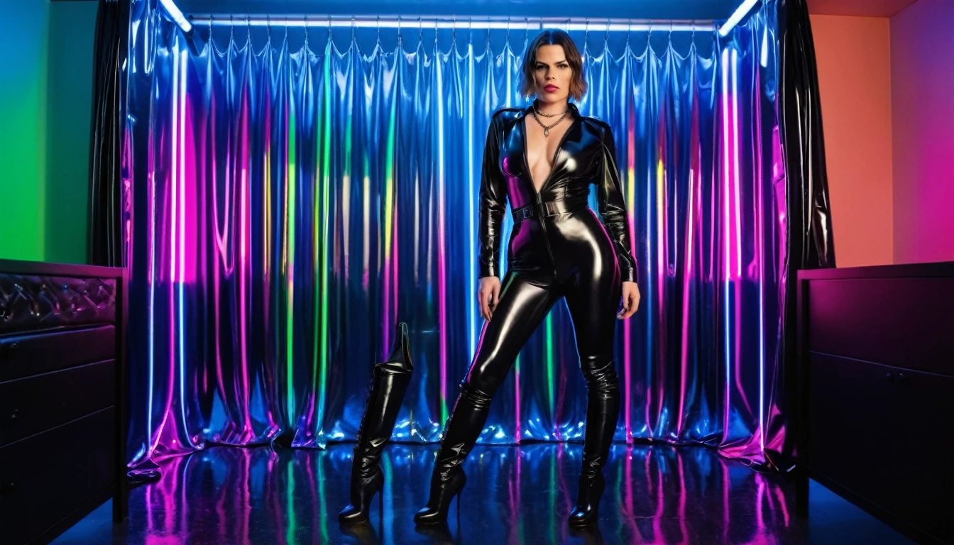 realistic nsfw porn photo , Clea DuVall standing nude breasts , wearing black shinny pvc low cut catsuit  , shinny pvc jacket , wearing shinny pvc thigh high boots , in fetish room with pvc curtains , chains on walls , bdsm devices , inlighted by colored neons
