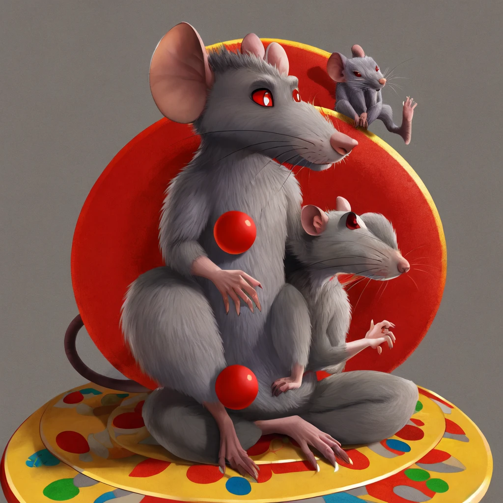 ((A big scary gray rat with red eyes sits on a round children's bungee against the background of something very scary, end of the world)), ((ultra detailed down to the smallest detail, ultra graphics 8k, Best quality))