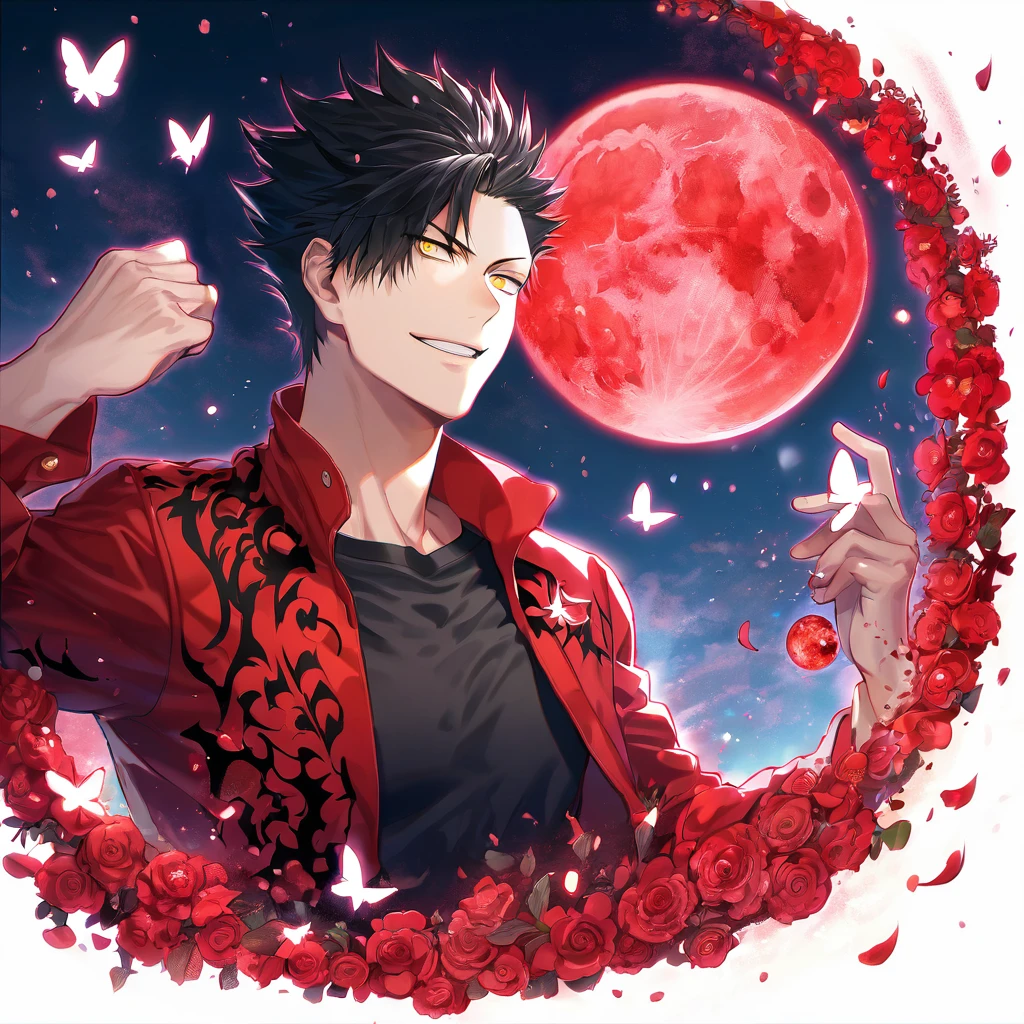 absurdres, highres, ultra detailed, HDR, master piece, extremely detailed, Kuroo Tetsurou, black hair, expressive yellow eyes, Haikyuu!, sexy man, handsome, best quality, red moon, red flowers, fantasy, magical, solo, red water, red shining fireflies, red petals, handsome smile, silver small butterflies, red dust, red jacket, black tight shirt