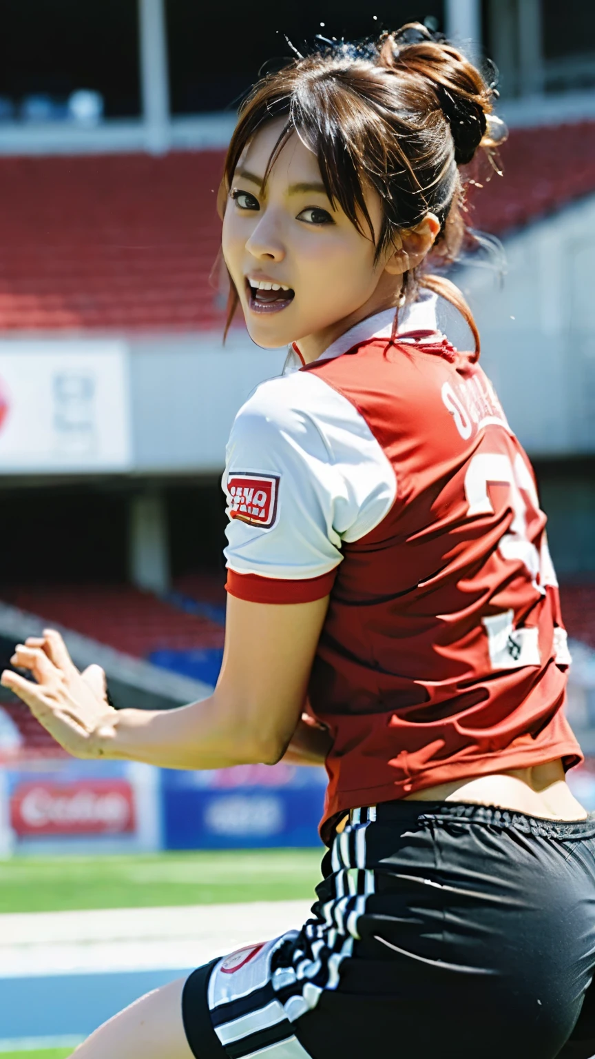 (((First Person))),(((Perfect anatomy, carefully drawn limbs with perfect joints and no excess or deformities))),(((The grandstands are filled with spectators))),The enthusiastic crowd roars,(((A beautiful soccer ball player with outstanding style is dribbling seriously with furrowed eyebrows on the field of a soccer stadium filled with enthusiastic spectators.))),(((The soccer uniform with a short sleeve collar and a large number on the back, with the shirt tucked into the leggings, and the running leggings uniform are clean.々Shii,Wearing soccer cleats))),(((Capture the powerful moment of kicking a soccer ball and sprinting with a full-body snapshot))),Speed,body幹の強い低い姿勢,Speed,(Capture the essence of the movement and the moment of the play),((The audience roars at the wonderful play of a beautiful soccer ball player wearing a red uniform and shorts on a white background), She dodges the enemies trying to stop her.,((A 4K hip-up shot from behind captures the essence of the dramatic movement of a soccer player dribbling and shooting at the goal with a serious look on his face.)),Rushing forward like a rabbit,All in one,Gritting teeth,腕でbodyのバランスを取る,(Skin Dentition:1.5),Realistic and realistic,(masterpiece:1.5),Sports concept art,Intricate details,Highly detailed and realistic,Octane Rendering,4K,Sports Real Engine,Dynamic pose, Highest quality,High resolution,(Realistic Face:1.1),(Surreal:1.1), ((full_body)),((Expressing the dynamism that emanates from the whole body)),(((He has a slim, muscular body with well-trained legs and a slim waist, making him look like a coke bottle.))),(4K full body shot from behind),(Shiny skin:1.2),(((Hairstyle))),(((Perfect hands))),(Highly detailed background),((整備された美Shii芝が張られたピッチに観客で一杯のスタジアムの背景が壮観)),A crucible of cheers and excitement,((Beauty condensed in 1girl)),((光を蓄えた美Shii瞳)),(Shiho wearing a necklace),(((滴る大量の汗が眩Shii))),(Ponytail flutters in the wind),casting ,((Dramatic beauty)),披写界深度の深い美Shiiボケ,4K,Gothic,4K Digital SLR Camera,Film grain effect,Fujifilm XT3 style,(Saiharu Body),(Delicate eyes and face),Professional Perspective,素晴らShiiディテール,(1girl condenses exceptional beauty),繊細でHigh noseを持つ美Shii顔,High nose, Clear chestnut eyes that glorify the light, Glossy red lips, light makeup,))),