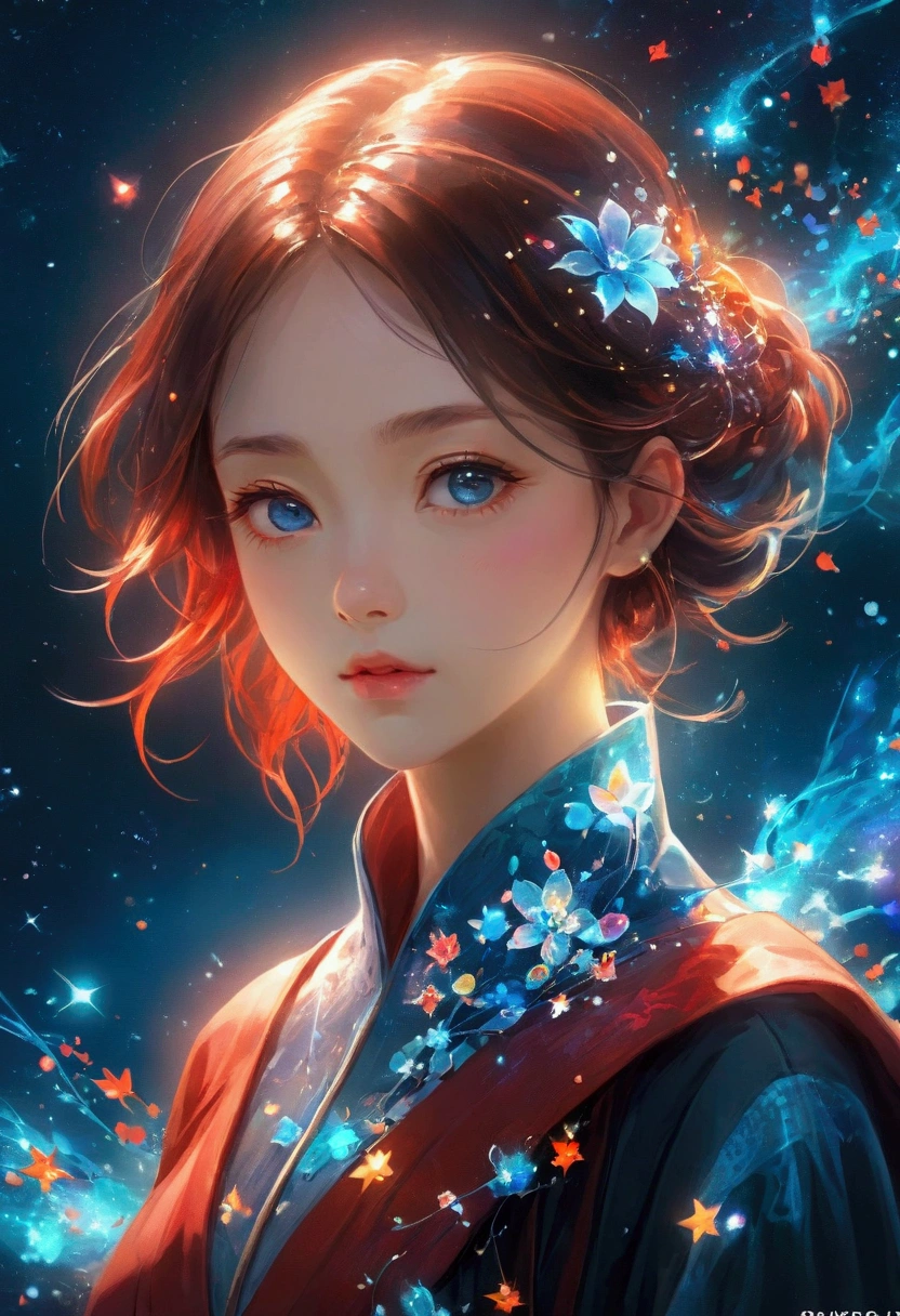 Beautiful girl with blue gradient dissolving pixels，The delicate face gradually disappears, Twisted but still fascinating, Thousand Flower Glass, swirl, Abstract Aesthetics, Starry Sky，fantasy，magic，mystery，illusory，Dreamy，futuristic tech wear, red symmetry, Concept map of the scene, Ultra-high resolution, masterpiece, best quality，Anime style，Dynamic Angle，Octane Rendering，Concept map of the scene,