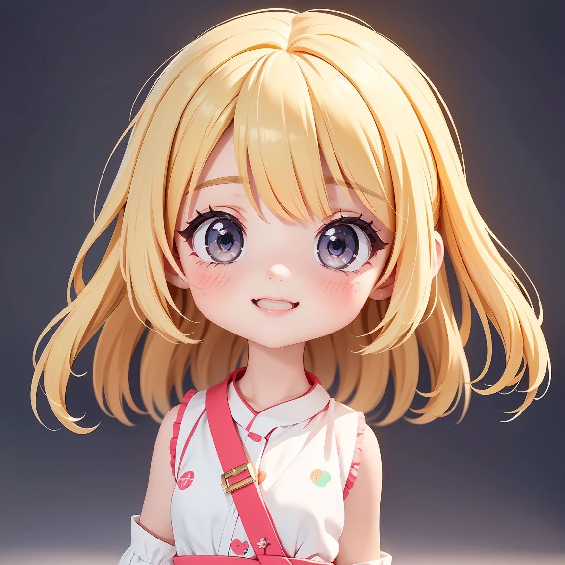  Super Chibi Character：1.8、wearing cute sandals、background：Simple all over、Blonde Hair、Cute 7 year old girl、Random cute outfits、Here you go pose：1.8、Super Happy Smile：1.8