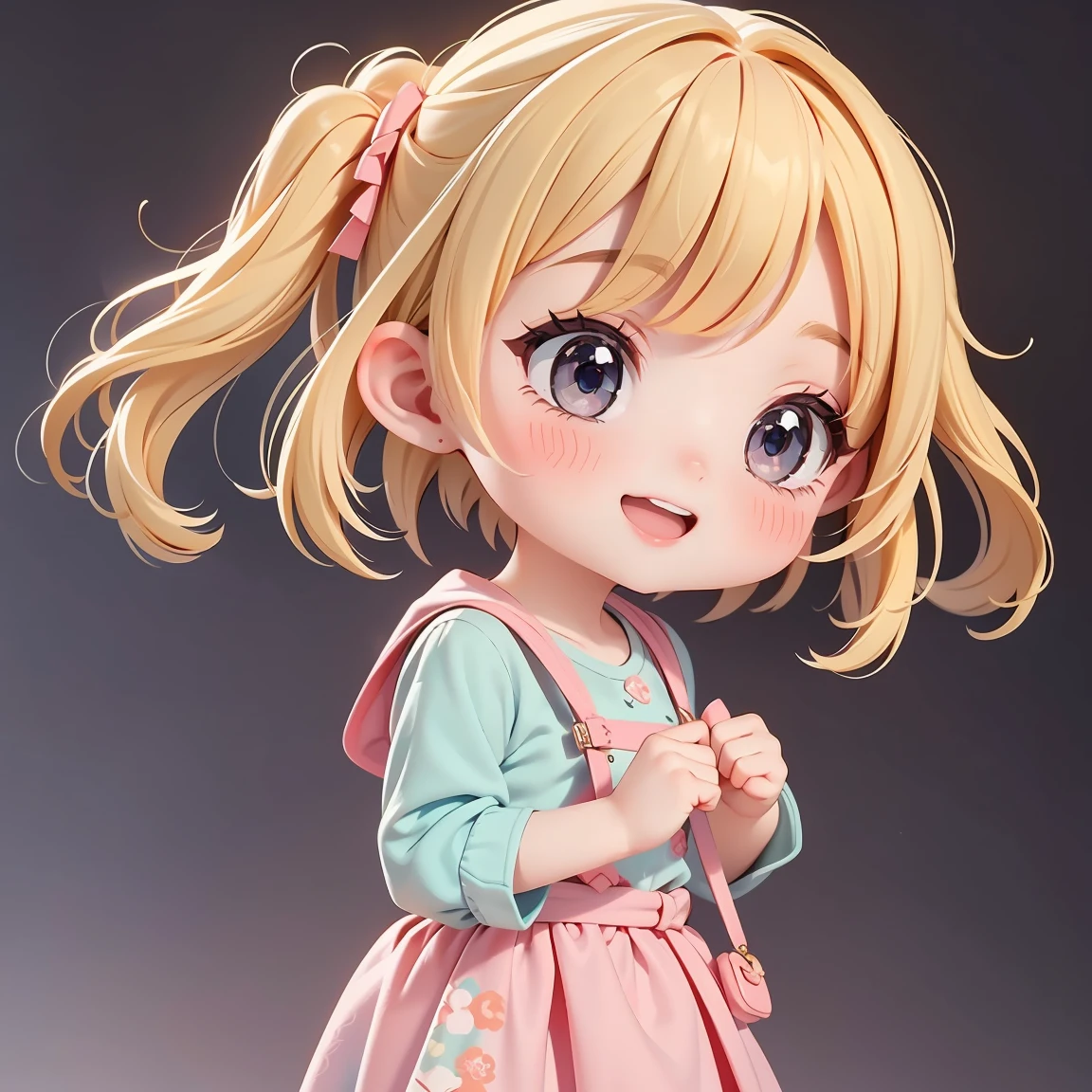 Super Chibi Character:1.8、wearing cute sandals、background:Simple all over、Blonde Hair、Cute 7 year old girl、Random cute outfits、Here you go pose:1.8、Super Happy Smile:1.8