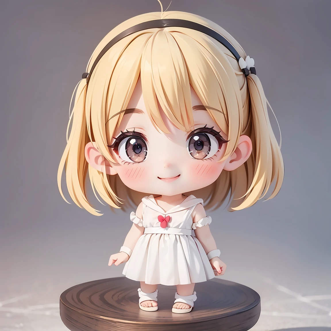  Super Chibi Character：1.8、wearing cute sandals、background：Simple all over、Blonde Hair、Cute 7  girl、Random cute outfits、Here you go pose：1.8、Super Happy Smile：1.8