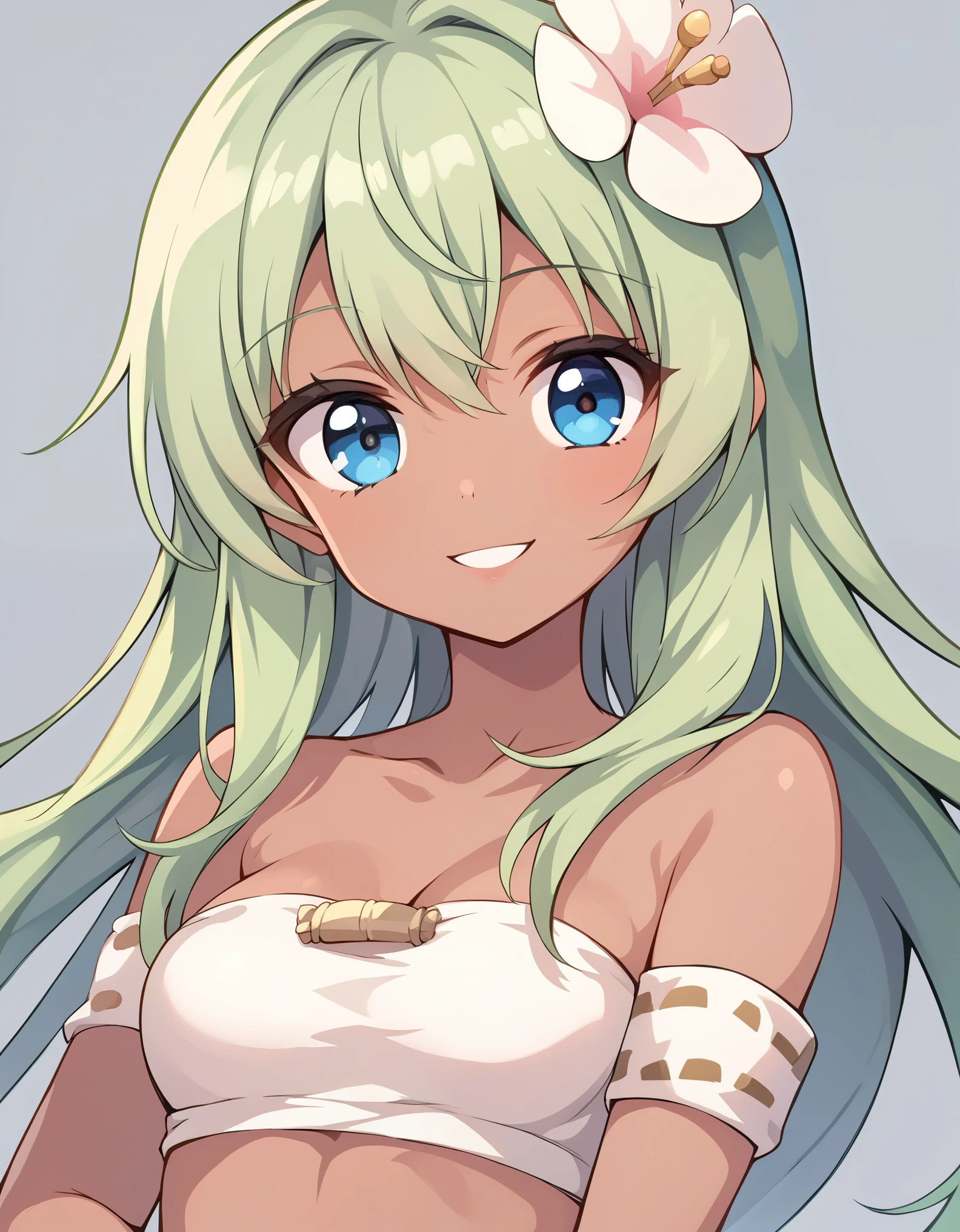 score_9, score_8_up, score_7_up, score_6_up, BREAK, source_cartoon, source_anime, 1girl, SadidaDG, amalia sheran sharm,, green hair, long hair, hair flower, dark skin, bare shoulders, tube top, upper body, smile, looking at viewer, solo, simple background