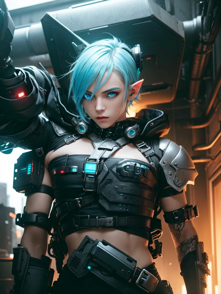 Femboy, cyberpunk style, blue hair, blue eyes, 1boy, elf ears 