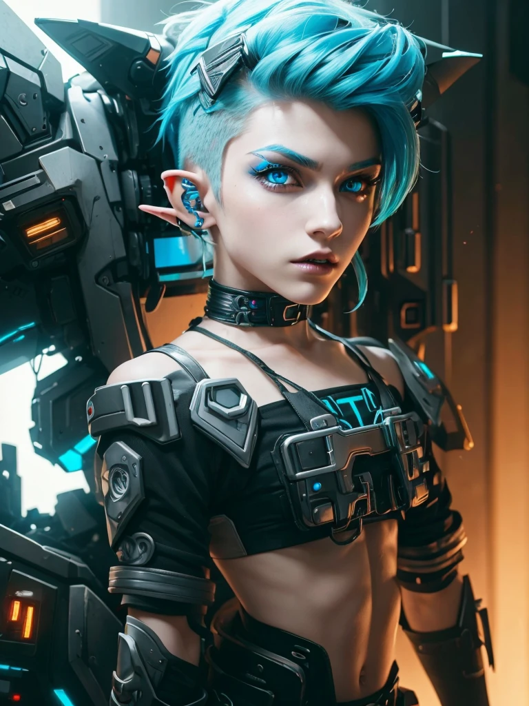 Femboy, cyberpunk style, blue hair, blue eyes, 1boy, elf ears 