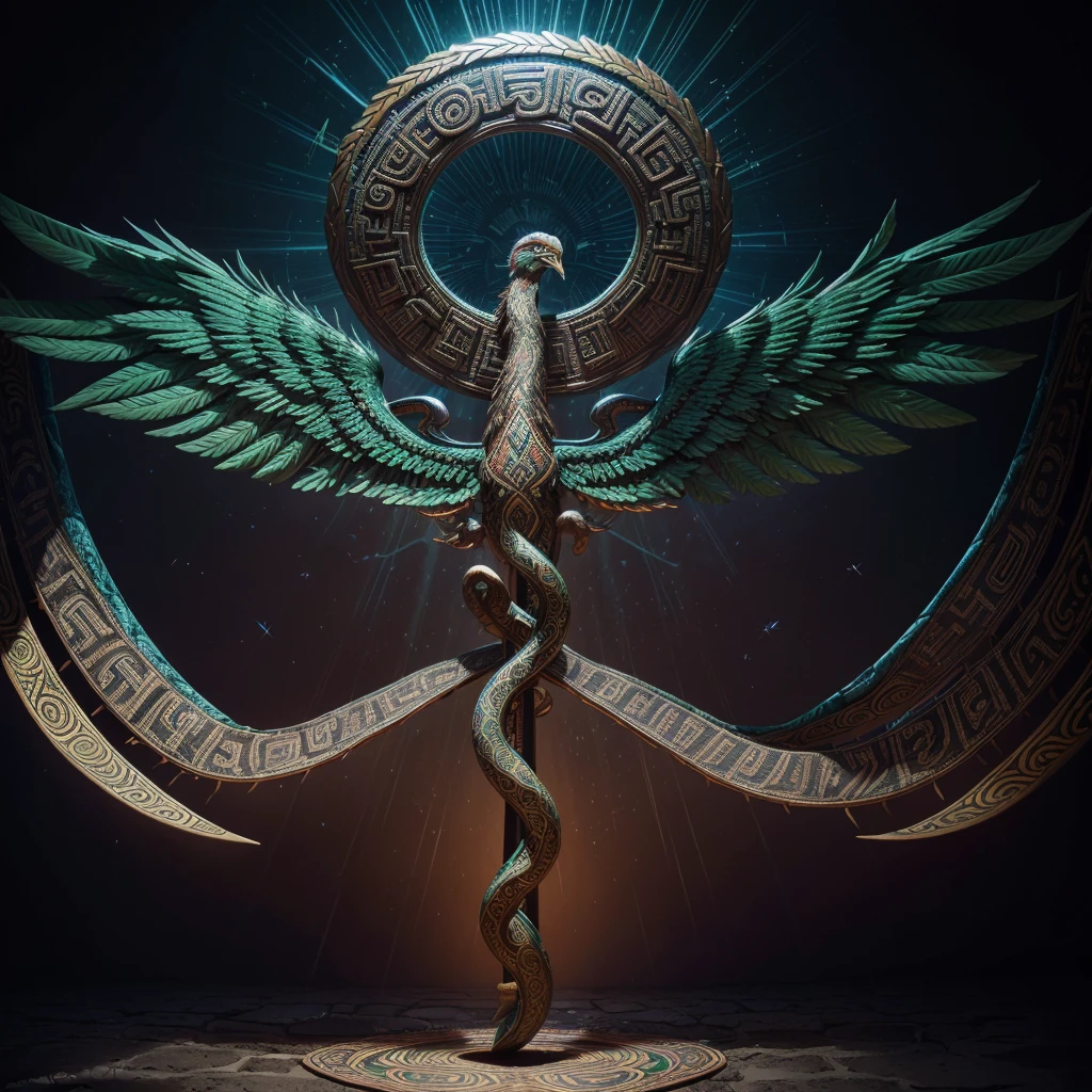 intricate detailed logo, feathered snake quetzalcoatl, mystical ancient aztec design, bold dynamic composition, symmetry, geometric patterns, highly detailed mythological creature, vibrant colors, dark moody atmosphere, photorealistic, cinematic lighting, dramatic shadows, award-winning illustration, best quality, 8k, masterpiece