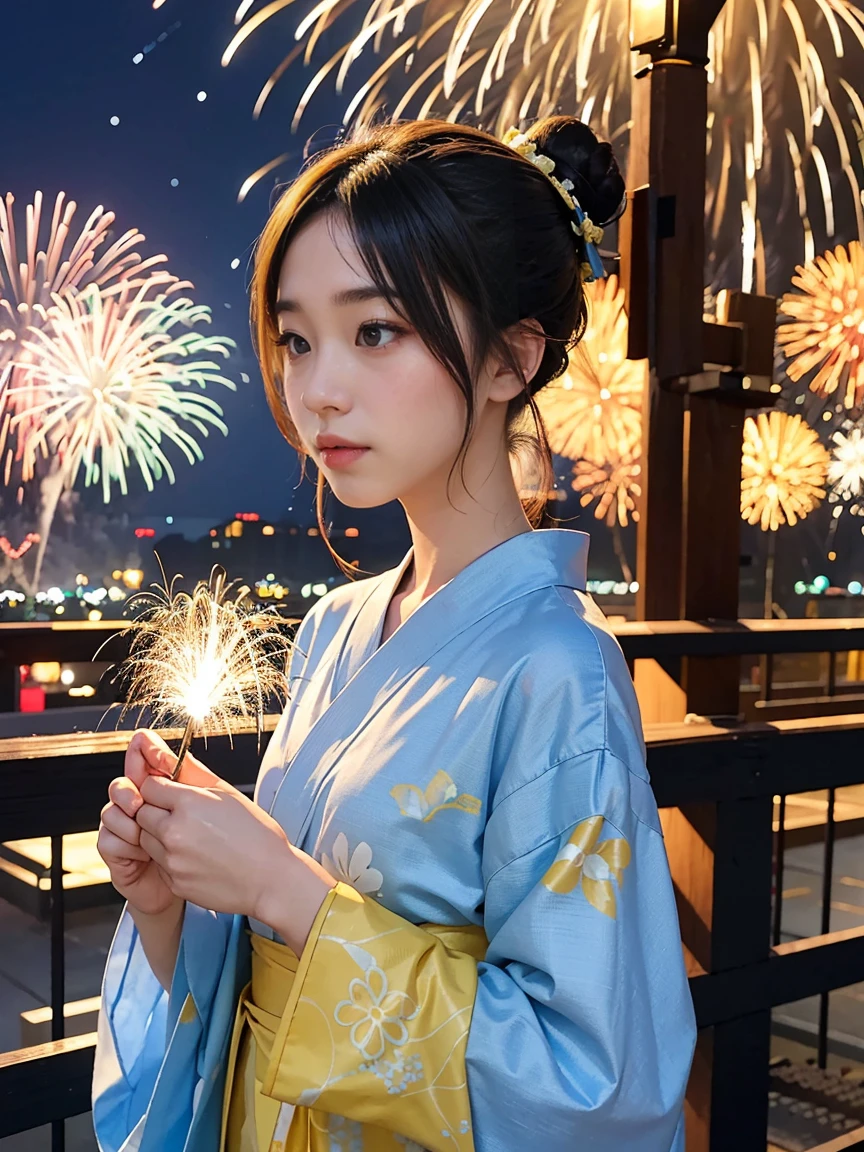 2Two bun hair。A yukata with a yellow arabesque pattern on a blue fabric。Fireworks display。