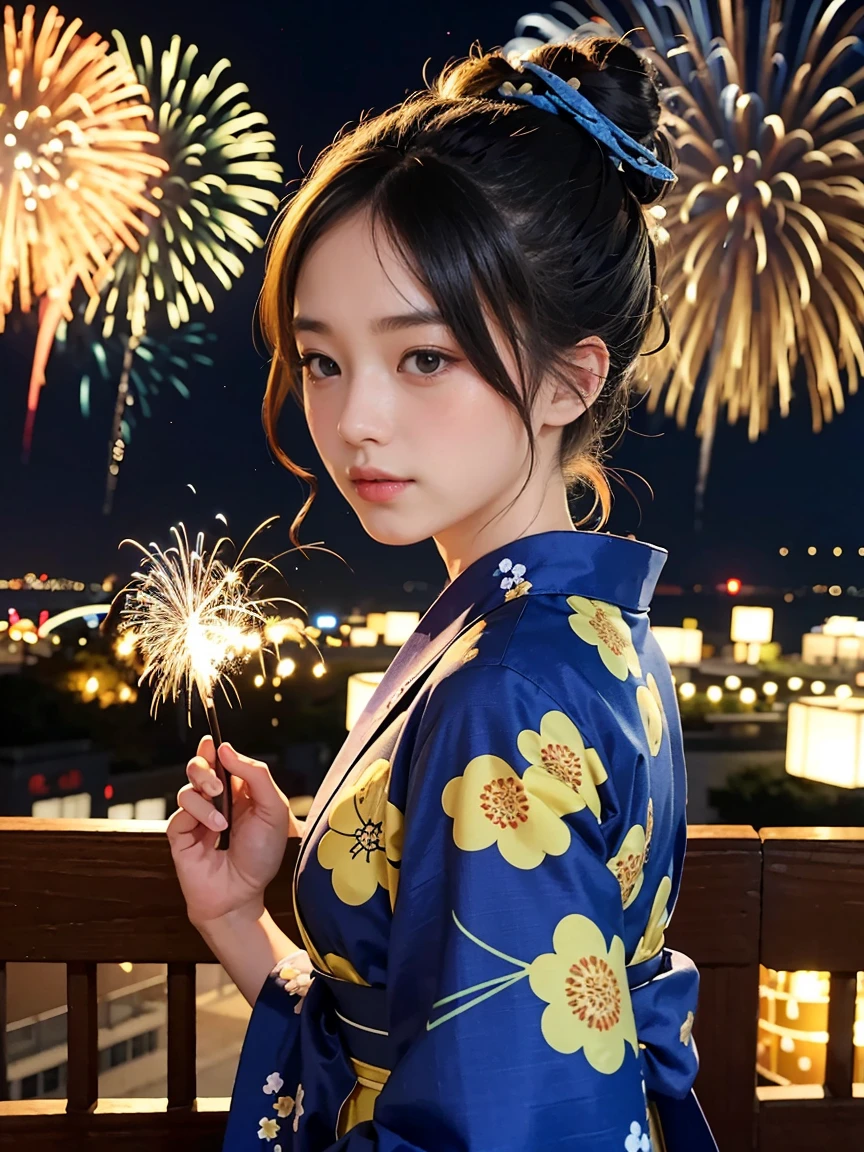 2Two bun hair。A yukata with a yellow arabesque pattern on a blue fabric。Fireworks display。