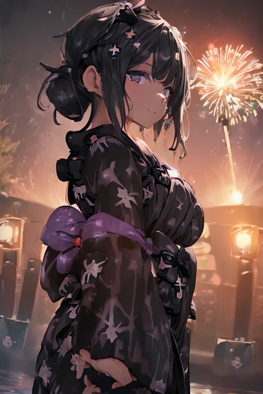 1girl,lower body,(light Purple eyes),(black hair),absurdly long hair,long hair between eyes,(black hair over one eye),waved hair,huge breasts,sagging breasts,(disproportionate gigantic Saggy breast:1.6),night,(fireworks background),(pond background),bashful,eyes half-closed,(smile with open mouth),wet,oil skin,(flower pattern,(black yukata:1.8)),back view,(Hold the Handheld fan with both hands),spotlight,