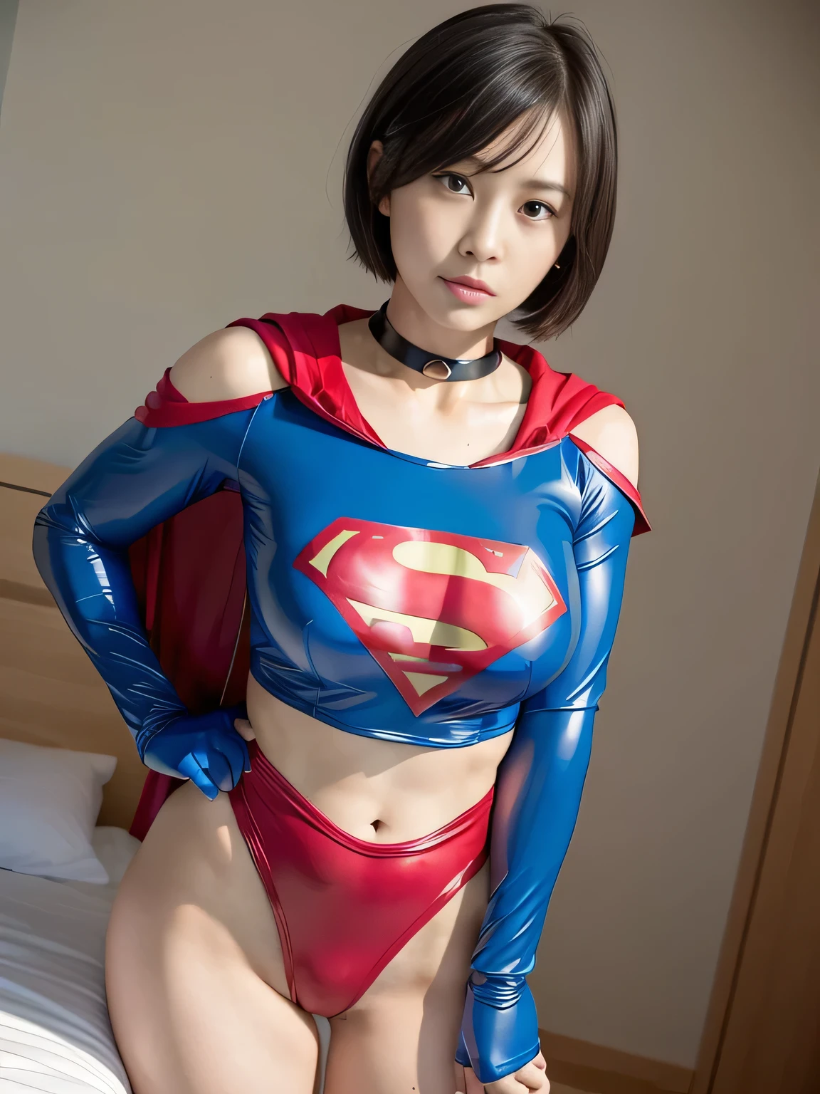 masterpiece、Rubber Supergirl Costume、Short Hair、Hospital operating table、Crisis situation、Big and ample breasts、looking at the camera、Shiny、Off the shoulder、choker、Long sleeve、exy poses to seduce、Sweaty skin、Model Body Type、Alluring、charm、Enchanting、Abused、test subject、victim、Wild、Photorealistic、latex、Expose your belly、athlete、Rubber leotard、Photo magazine cover、Red cloak、Beautiful thighs、wallpaper for pc、