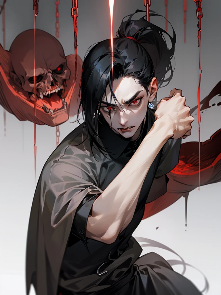 A male with medium-length black hair (tied into a ponytail), blood-red eyes, slightly pale skin, a slender figure, an evil expression (the corners of his mouth are raised),Prisoners (in prison uniforms), detailed scenes (in cells, chained)