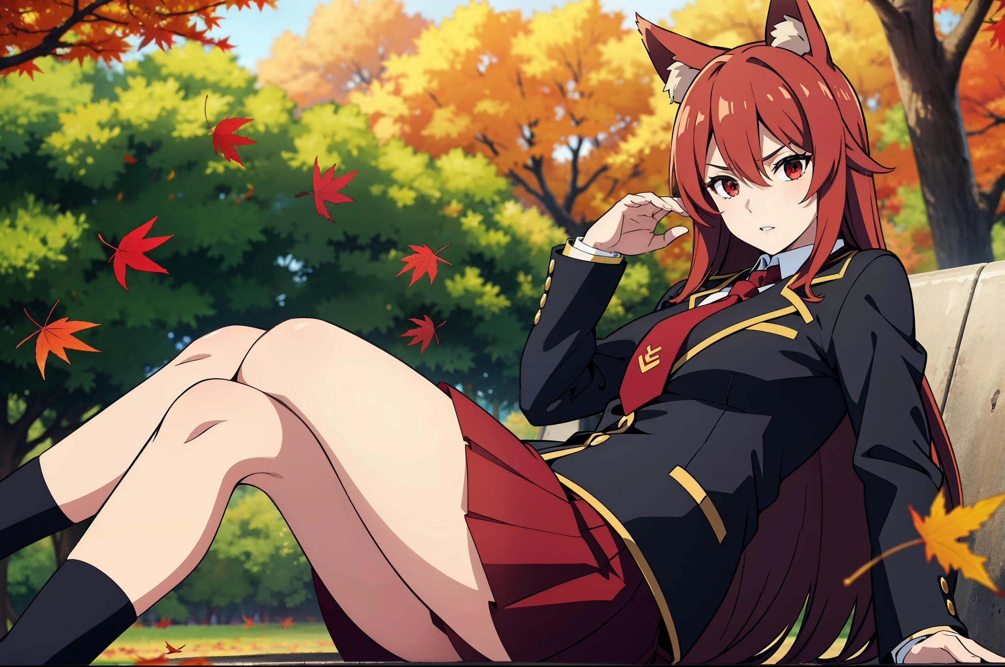 ((beautiful face)),1girl ,20s,mature female,solo,(red hair),long hair,red eyes,fox ears,(autumn leaves,outdoors),serious,necktie,black jacket, blazer,long sleeves,pleated skirt,looking ai view,feet out of frame,falling leaves,parted lips,sitting,holding,hair between eyes,against tree
