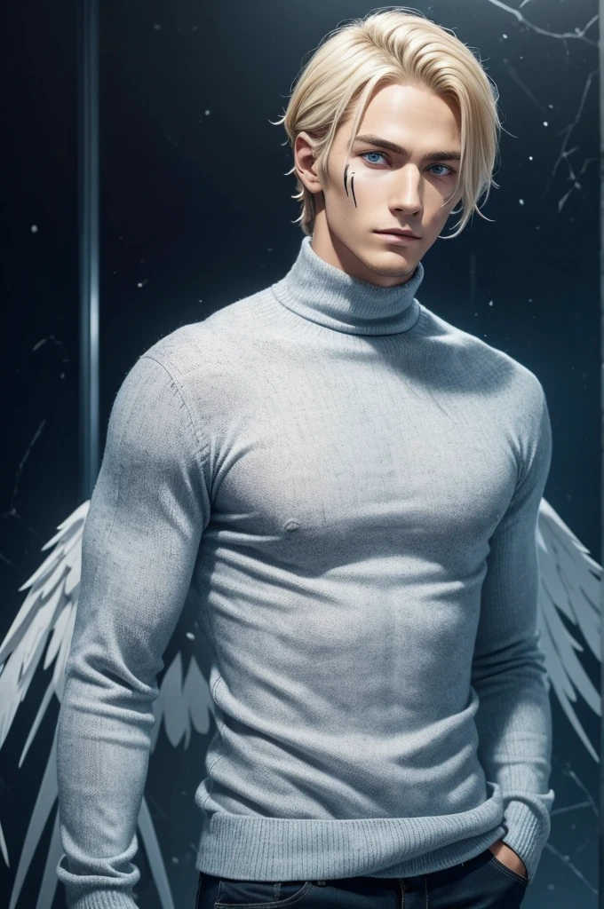 young man with blonde hair combed back. With dark and serious blue eyes, **he has multiple diagonal scars that go from one side of his face to the other as if they were scratches****he has multiple diagonal scars that go from one side of his face to the other as if they were scratches****he has multiple diagonal scars that go from one side of his face to the other as if they were scratches****he has multiple diagonal scars that go from one side of his face to the other as if they were scratches****he has multiple diagonal scars that go from one side of his face to the other as if they were scratches****he has multiple diagonal scars that go from one side of his face to the other as if they were scratches****he has multiple diagonal scars that go from one side of his face to the other as if they were scratches**. The expression on his face is serene and contemplative. He wears a blue turtleneck sweater with long sleeves that cover his hands. Large white wings extend from his back, like those of an angel. cicatrices en la cara