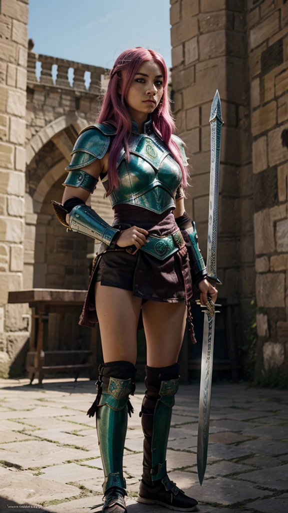 Hd, , warrior, jade armor, sword in right hand' shield in left hand, pink hair, castle background, 