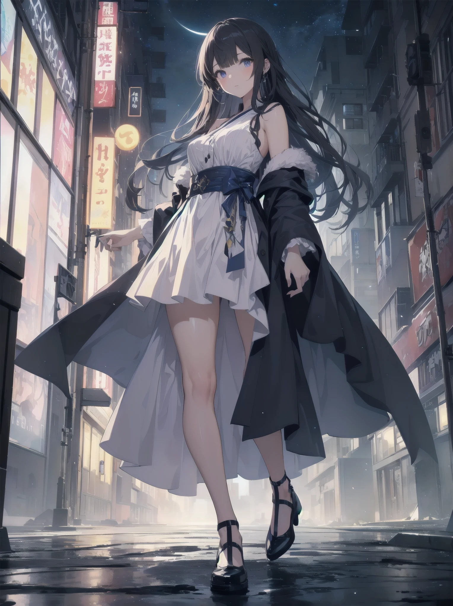 masterpiece, 8K, Highest quality, Very detailed, Purple & A beautiful girl in a blue magical robe with a moon motif、Close-up on the characters、(building, city、A dense fog of fluorescent particles、1800Era、Western style、Fiction、grow、Overwhelming、Detailed street)、A pretty woman with a beautiful background and a lovely pose