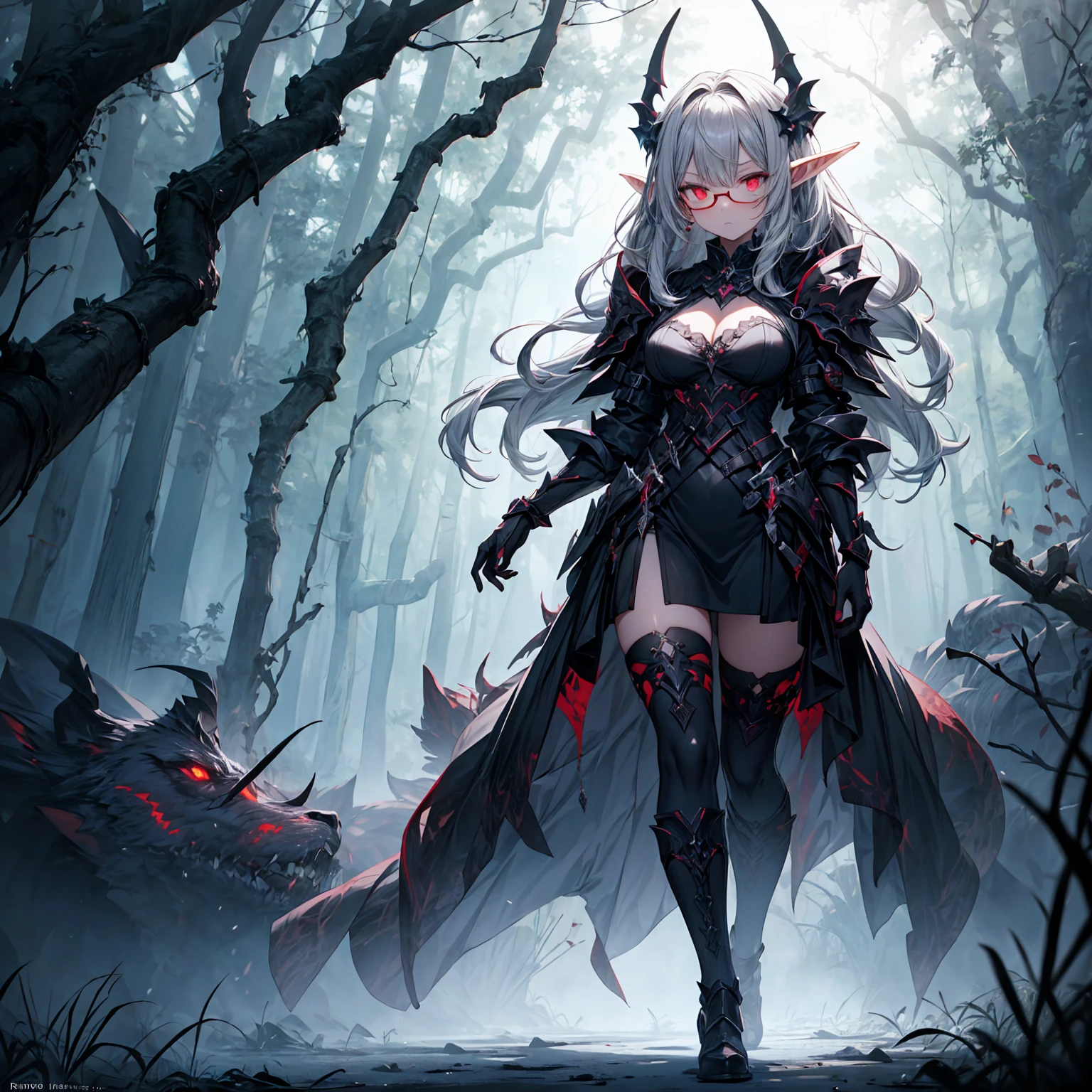 A stunning artwork of a fierce demonic elf standing in a cursed forest. The full-body view showcases her in dark armor, exuding an aura of malevolent grace and unyielding power. Her long, flowing dark gray hair frames a face of eerie beauty, highlighted by red eyes that glow with otherworldly menace. She holds a cursed sword, intricately designed and radiating dark energy, adding to her formidable presence. The scenery around her is a twisted, shadowy forest with gnarled trees and glowing red eyes peering from the darkness. Mist and sinister shadows enhance the ominous atmosphere, creating a scene of haunting dread.
