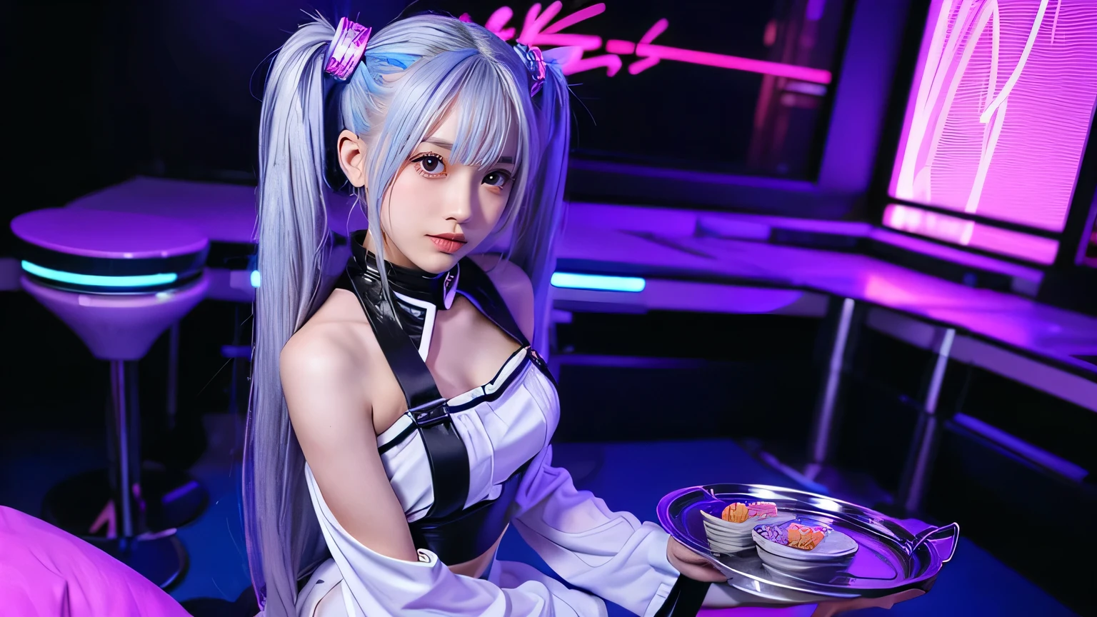 1 Beautiful girl with silver twin-tail hair: beautiful girl with silver twin-tail hair,japanese beauty, 18 years old, futuristic waitress outfit, cute smile. She serves cocktails on a tray.
Location
Futuristic nightclub: Futuristic nightclub lit by neon lights. Futuristic design, illuminated by neon lights.