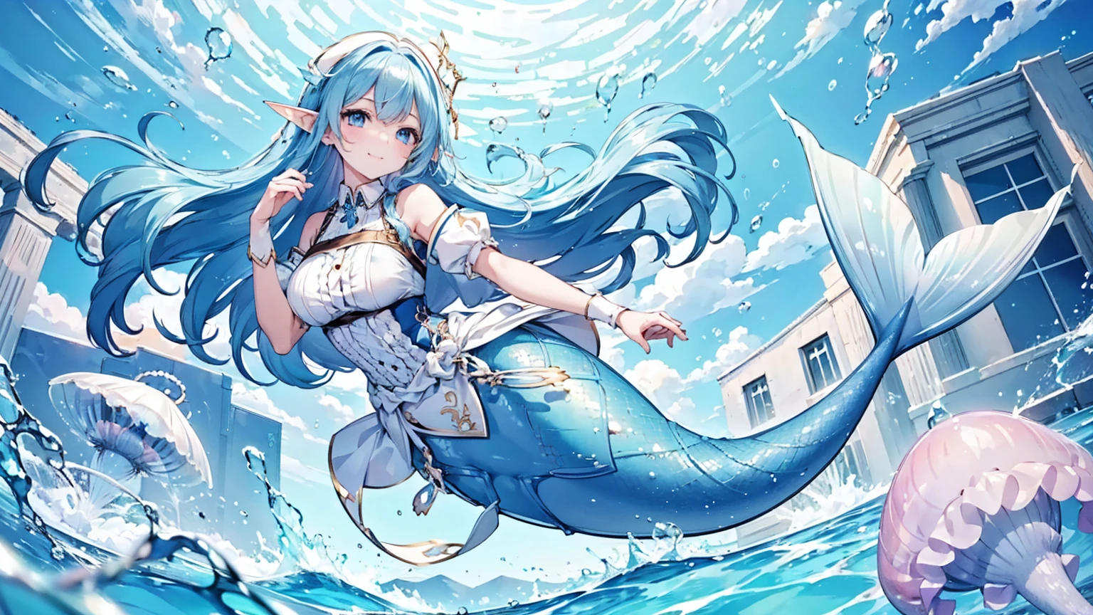 masterpiece, best quality,A girl,Blue Hair,White Dress,Ahoge,blue eyes, Elf ears,独奏,Large Breasts,Mermaid,蓝色的Mermaid尾巴,full-body shot,transportation facilities_against_window,blue theme, (in water:1.2), (air bubble:1.3), Inside the train, (surreal:1.2), (jellyfish:1.2), (whale:1.1),(fish:1.2),blurred foreground,charming face(Kawaii, charming,Soft),Looking at the audience,Smile