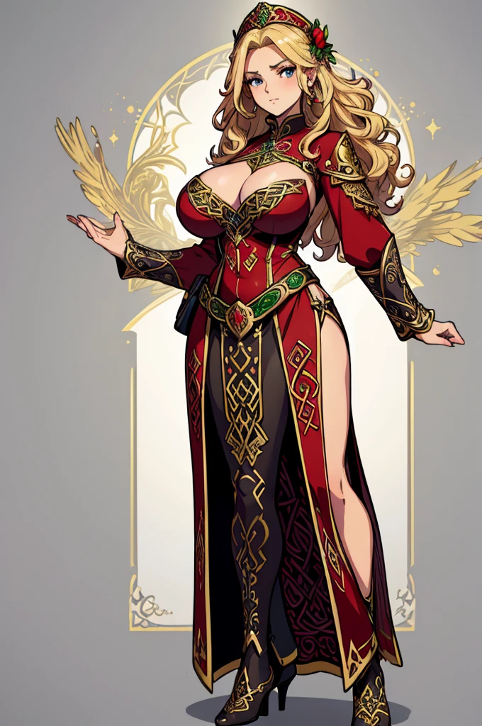 (masterpiece, best quality, high resolution, (huge breasts)) 1 beautiful woman, very short and tousled curly blonde hair, lavios red, full body fantasy Celtic maiden costume, fantasy Celtic accessories,,(white background,Stickers.Redmond) , ((full body standing)),
