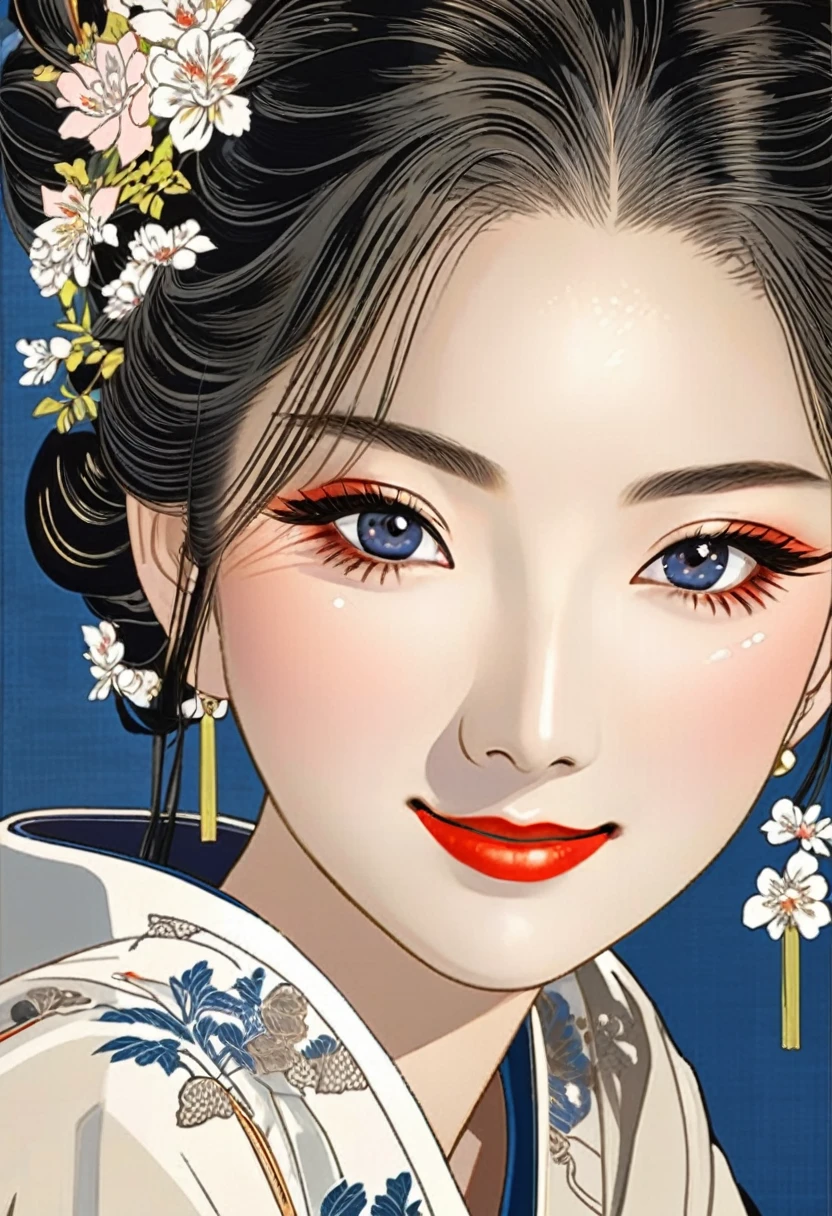 ( best quality:1.2), 1 Girl only,((ukiyoe)),big smiling, Exquisite makeup, Exquisite eyes, Eye detail,forehead