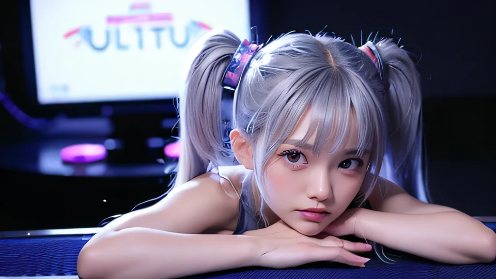 1 Beautiful girl, close-up, silver twin-tail hair: beautiful girl with silver twin-tail hair,japanese beauty, 18 years old, futuristic waitress outfit, cute smile. She serves cocktails on a tray.
Location
Futuristic nightclub: Futuristic nightclub lit by neon lights. Futuristic design, illuminated by neon lights.
