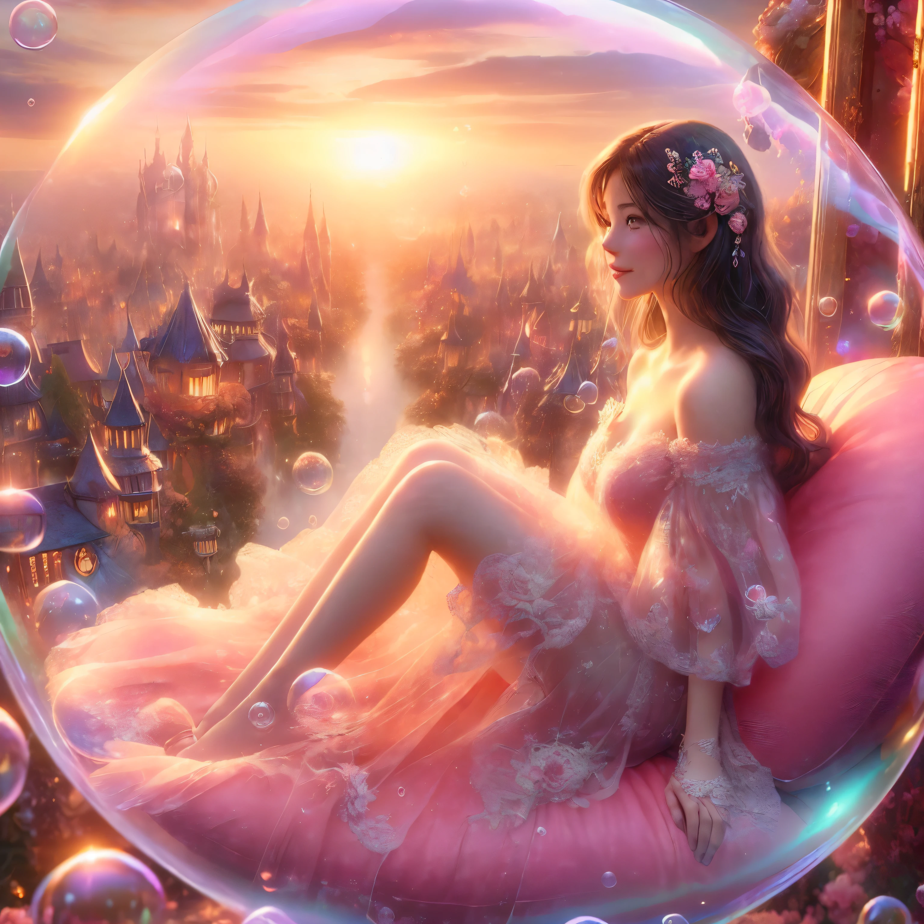 (cropped profile photo), ((1 beautiful young woman inside a soap bubble: 1.5)), sitting on a pink pillow, ((flying through a beautiful and magical fairy tale city: 1.4)), (hyper detailed : 1.3), ((clothes delicate dress with flower decorations: 1.4)), ((sunset background below a beautiful fairy tale landscape: 1.3)), ((Imaginative scene)), ((Perfect faces and bodies, meticulously detailed: 1.3)), ((far shot: 1.4)),((best quality)), ((masterpiece)), 3D, (((sunset:1.2))), (photorealistic:1.4), ((front camera)), (smiling happily, with her hands resting inside the soap bubble, surprised by the beautiful fairy city:1.4), ((Movie lighting: 1.2)), 32k.