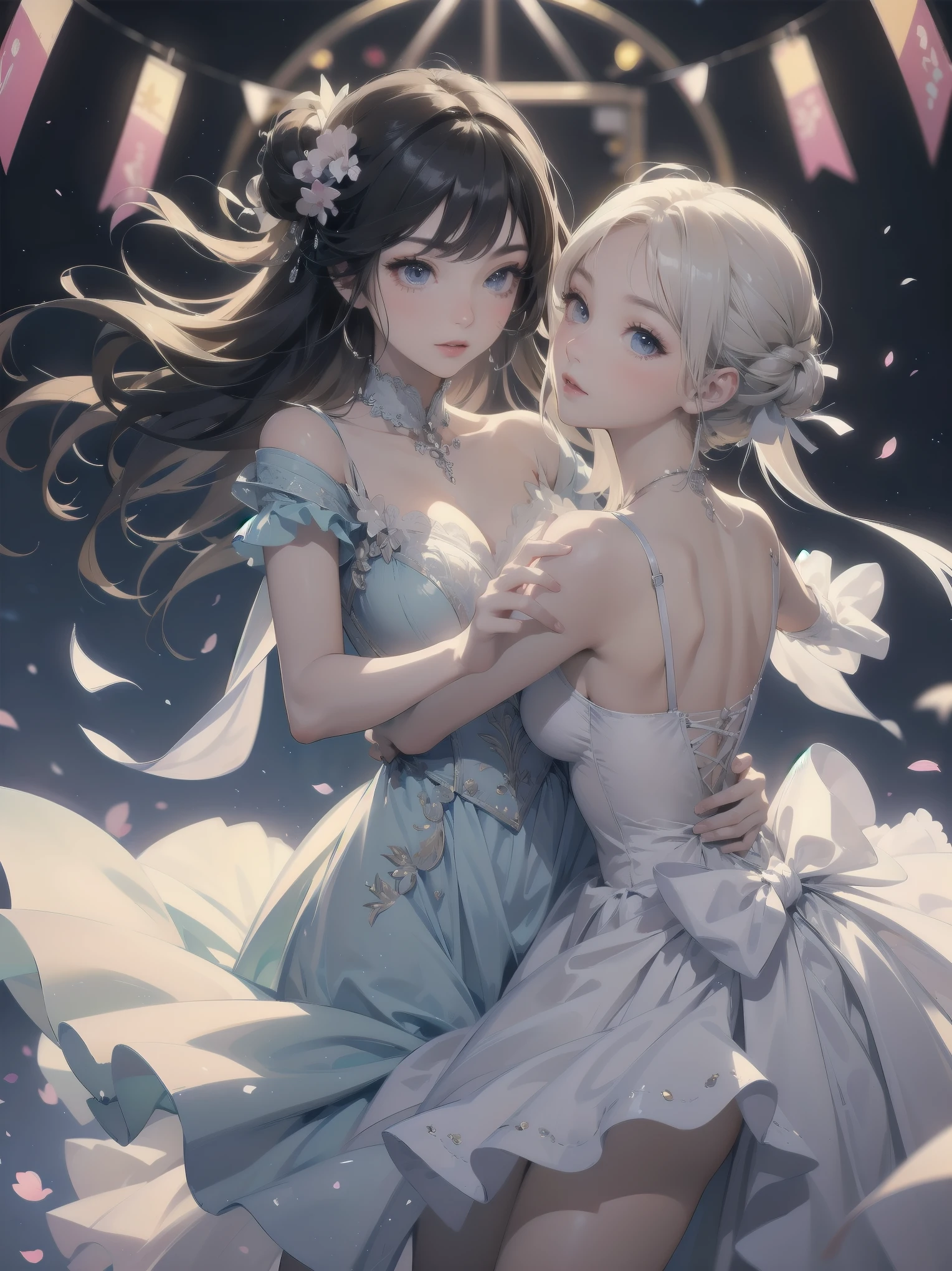 masterpiece、so beautiful、Clear contours、Beautiful girls wearing cute frilly dresses are dancing and making cute poses.