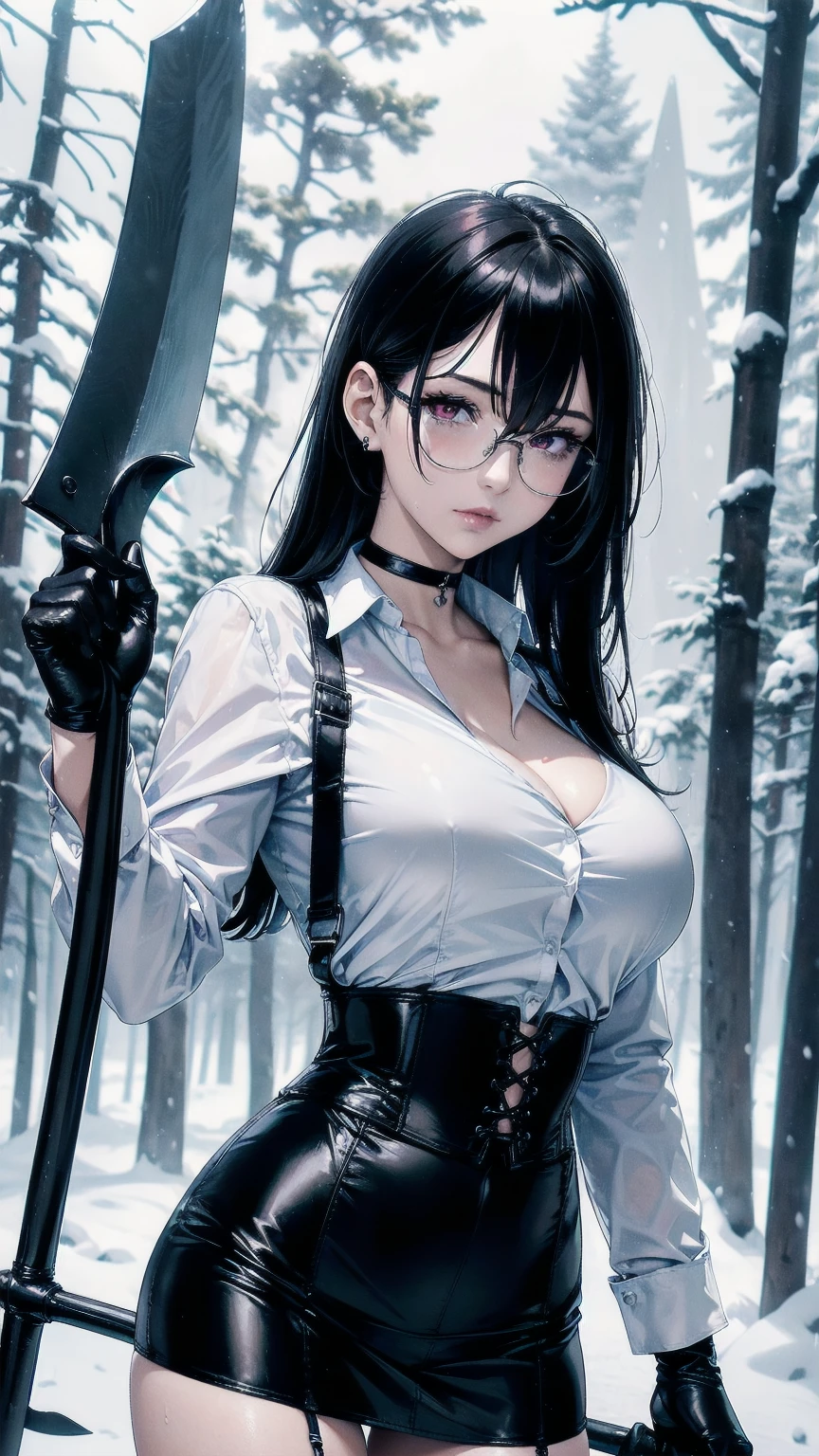 masterpiece, Superior image quality, high resolution, 4k image,photo and gross, photorealistic, ung girl of 15 years, {Alone},{{{vagina}}}, big breasts, beautiful face, long black hair, Red eyes, very detailed eyes, pink cheeks, shy expression, glasses, choker:1.6, (long sleeve white collar buttoned shirt), black gloves, gloves covering hands, (holding an ax in the right hand), (black leather corset), (shiny black tight mini skirt), sensual lips , evening de invierno, show details in the eyes, view from front, looking at the viewer, snowy trail, Snowy forest, evening, Atmosphere, snow