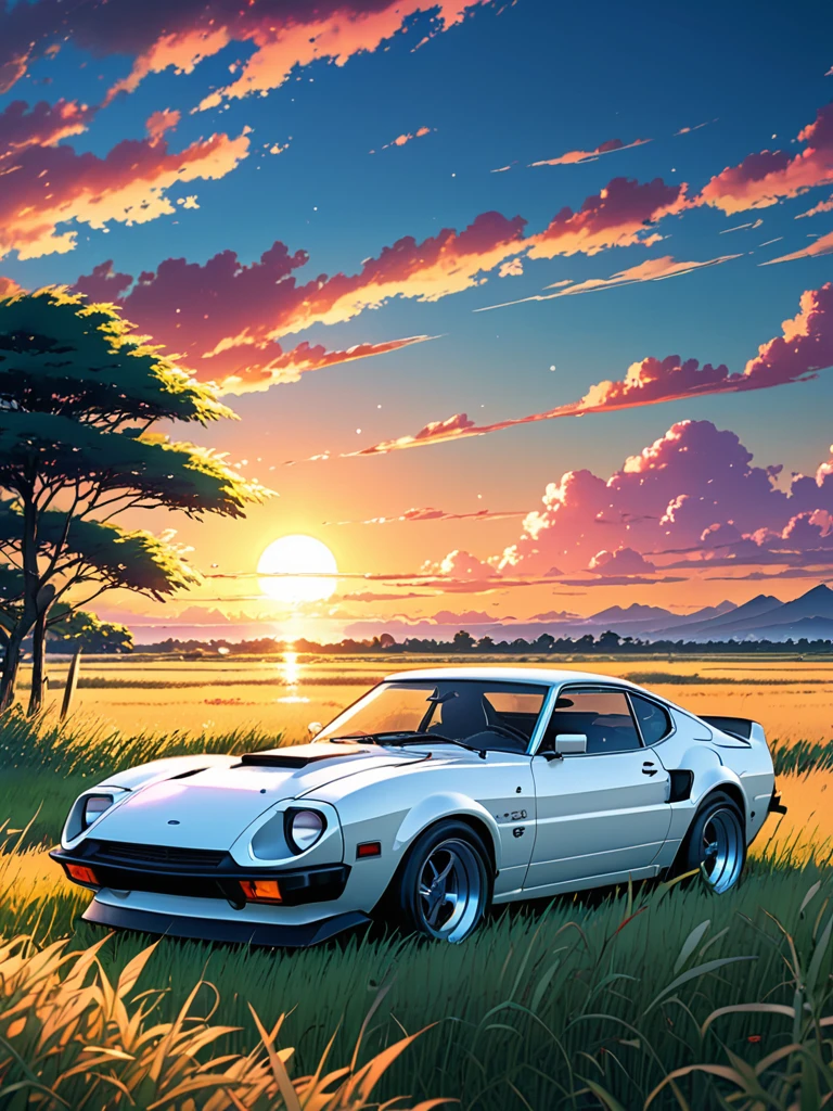 anime landscape of A pearl super Polar white pearl color classic Ford 200RS sport sits in a field of tall grass with a sunset in the background.beautiful anime scene, beautiful anime peace scene, Makoto Shinkai Cyril Rolando, beautiful anime scene, amazing wallpaper, anime art wallpaper 8k, anime background, artistic anime background, anime wallpaper 4k, anime art 4k wallpaper, anime wallpaper art 4k,