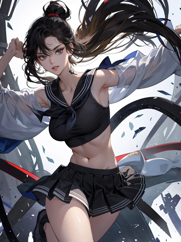 (Official art、Best Quality、Unity 8k Wallpapers、32K、 masterpiece、ultra-detailliert、High resolution,Perfect Anatomy:1.3),(natural soft light:1.2),Detailed beautiful face and eyes,cowboy shot,(focus 1woman,solo),18-year-old beauty、japanes, master of success:1.5、black hair,long hair,blunt bangs,black eyes,(smaller head:1.4, ideal ratio body proportions:1.5,skinny:1.2,t small breasts:1.2),(School uniform:1.3、shortsleeves、a sailor suit、pleated mini skirt、Fighting Gloves:1.5)、(Fighting figure),((standing split:1.5、straight legs、)),Loafer shoes、outside of house、Street Fight、