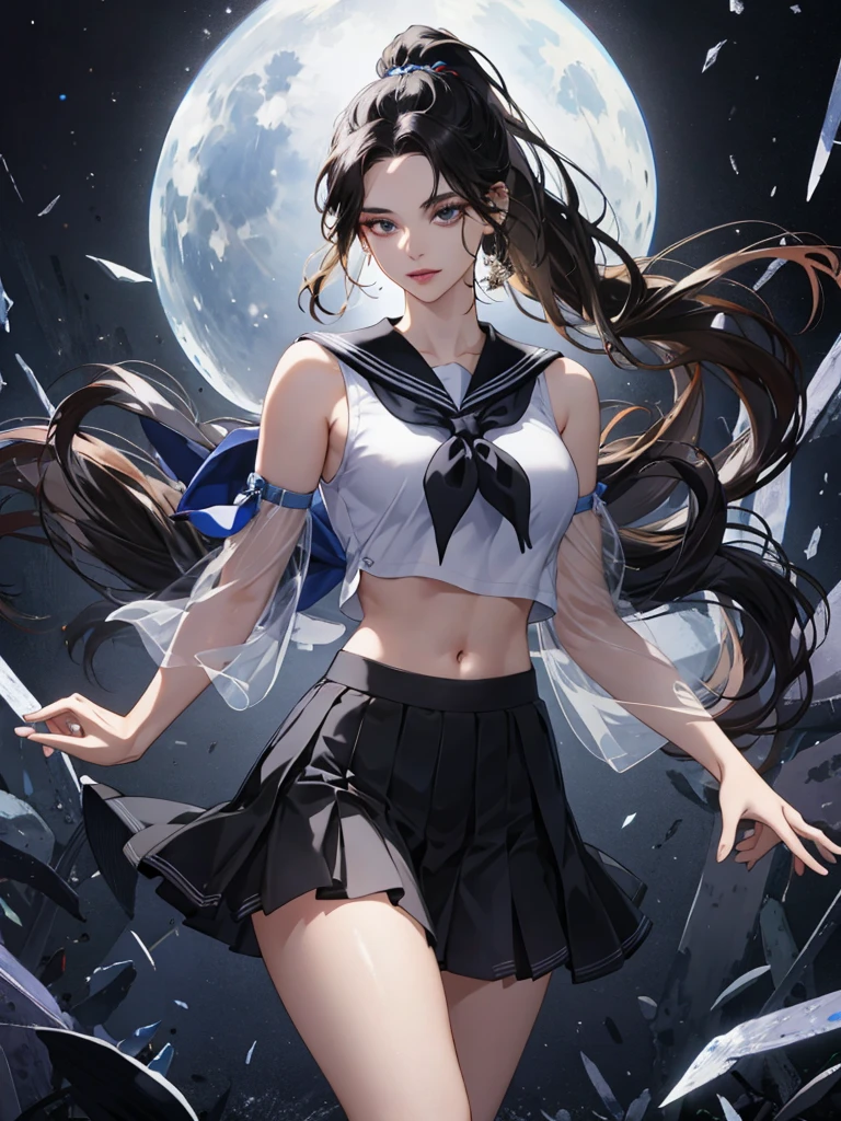 (tmasterpiece:1.2, Best quality:1.2, The beautiful, high high quality, A high resolution:1.1, Aesthetic)，The content  very detailed, dark ambient lighting, 4K,perfect  eyes, s the perfect face, Dark perfect lighting，2  women，black hair color hair, ，medium,  glowing light eyes，, Open lips, Look to the ground, Long ponytail hairstyle，Glow skin，Transparent loose fit sailor top，Expose the neck，Show shoulders​，，，Expose the belly，exposing your navel，Transparent loose sailor skirt，Bare legged, Black eyes, black and blond hair, nice tight clothes, big breasts, tattoos on the thigh, pretty black feet 