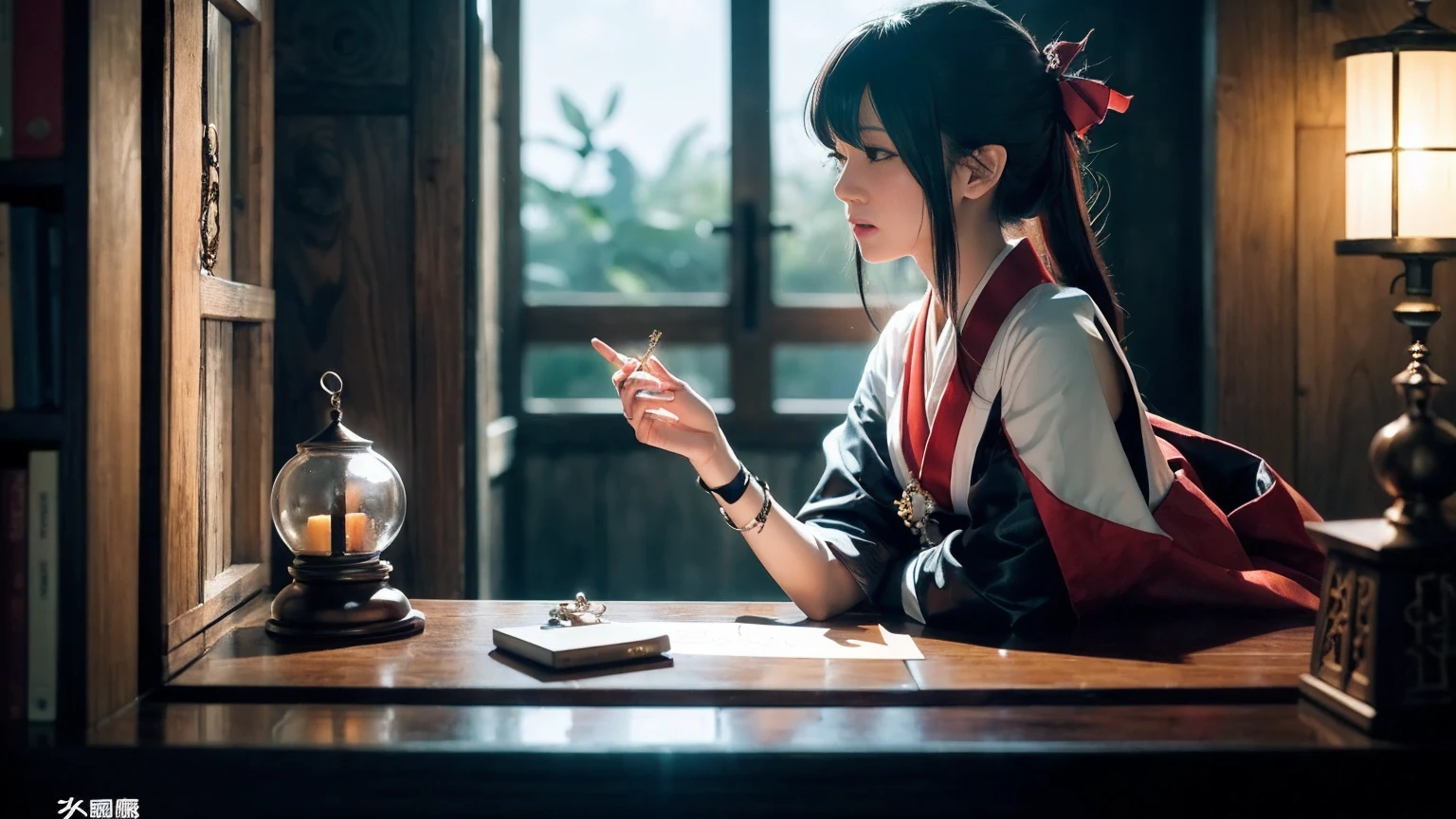 (One girl:1.3),alone,__Body parts__,, Official Art, unity 8k wallpaper, Super detailed, beautiful and aesthetic, beautiful, masterpiece, Highest quality,A fantastic atmosphere, Calm palette, Calm mood, Soft Shading,, Shrine maiden, incantation, Amulet Familiar, Shrine maidenの務め