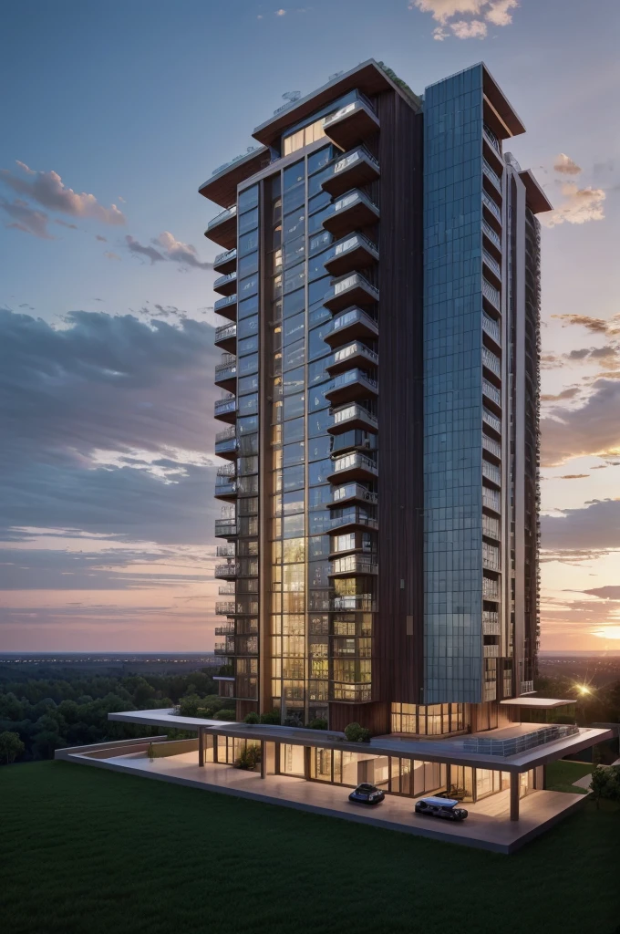 Generate a high resolution image with realistic details of a 7-story Zaha Hadid style building with wood and metal texture, the ground floor of the building must have a reception and an infinity pool with landscape to the horizon, rural landscape at dusk in high quality, 8k UHD