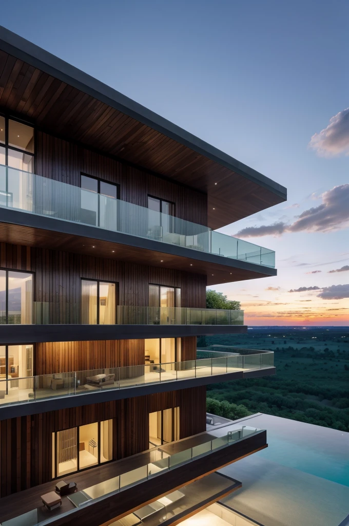 Generate a high resolution image with realistic details of a 7-story Zaha Hadid style building with wood and metal texture, the ground floor of the building must have a reception and an infinity pool with landscape to the horizon, rural landscape at dusk in high quality, 8k UHD