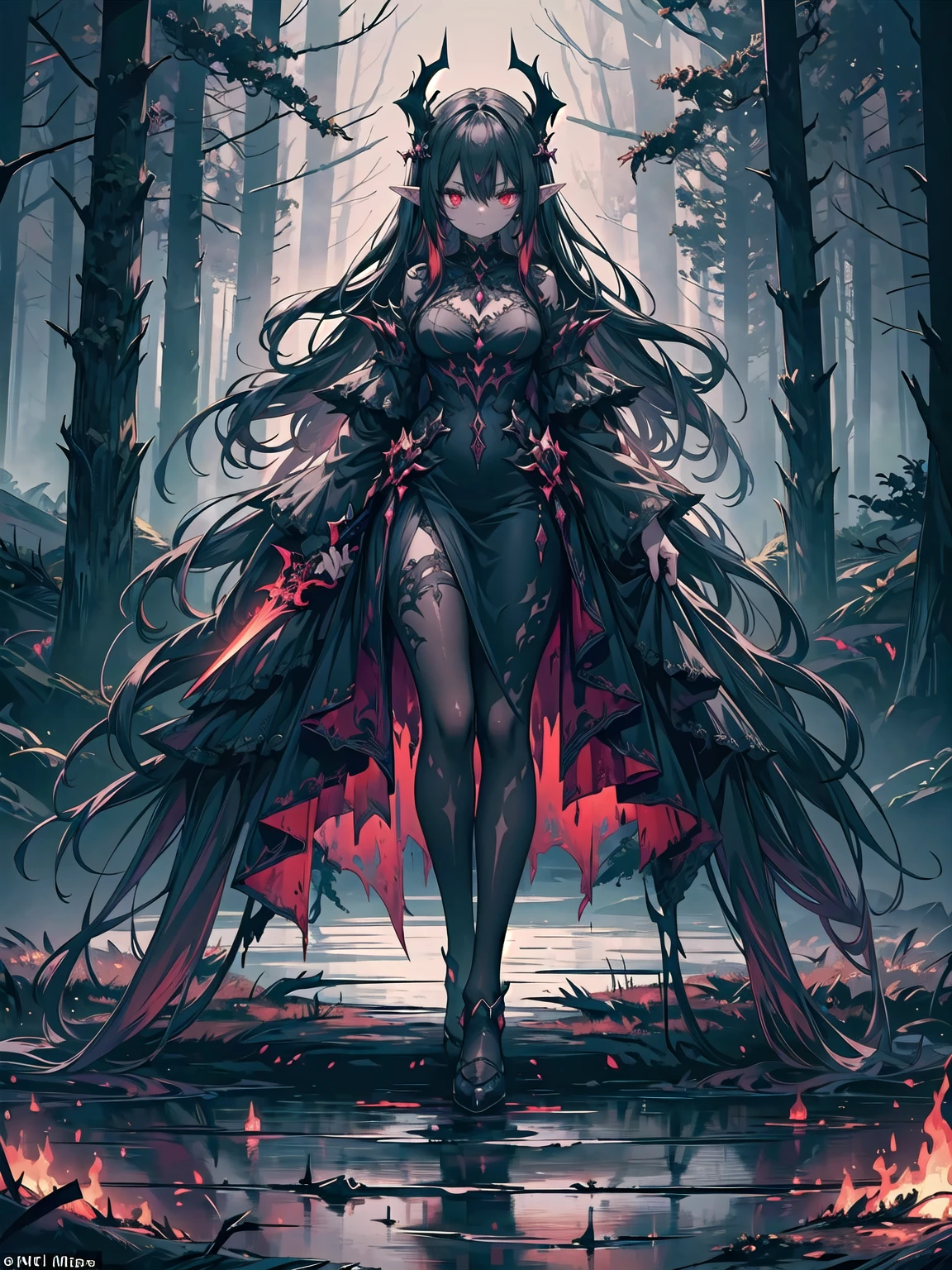 masterpiece, high quality, illustration, extremely detailed, 1_women, (full body), (exotic skin_complexion:1.4), pale grey skin, mature, statuesque, tall, beautiful, exotic, with long elf ears, (looking away from the viewer), stoic expression, serious face, (((black veil covering face))), bare shoulders, wearing (diaphanous) robes, black choker, (thigh highs) with silver embroidery, long fingerless leather gloves, tall black boots, ((medium breasts)), black gothic dress, black hair, long hair, realistic and detailed face having (((red eyes)), ((glowing eyes)), dark_eyeliner, long_eyelashes), natural dynamic lighting casts detailed shadows, dark forest, mist, fog, hiding in the shadows,