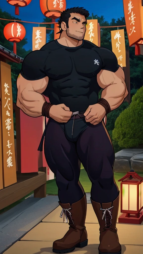 best quality, 4k, male, lucaslee, 1boy , flexing, tight shirt, outdoors, closed mouth, pauldrons, night , shibari , bondage , japanese festival , 祭り , (( G-string )) , massive oversized bulge , full body , boots , ashamed face